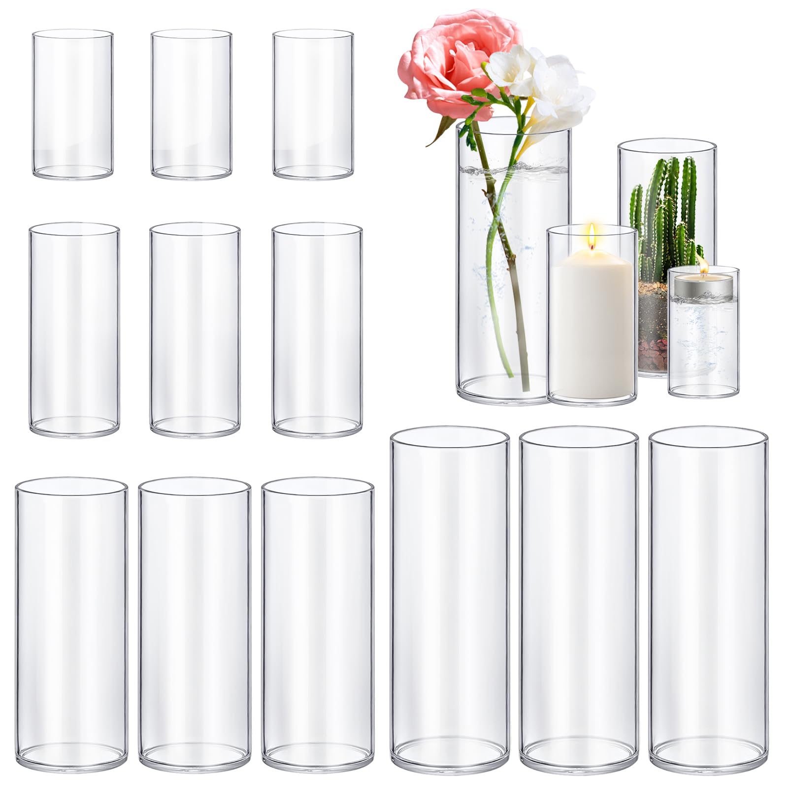 Set of clear glass vases with floral and candle decorations on a white background