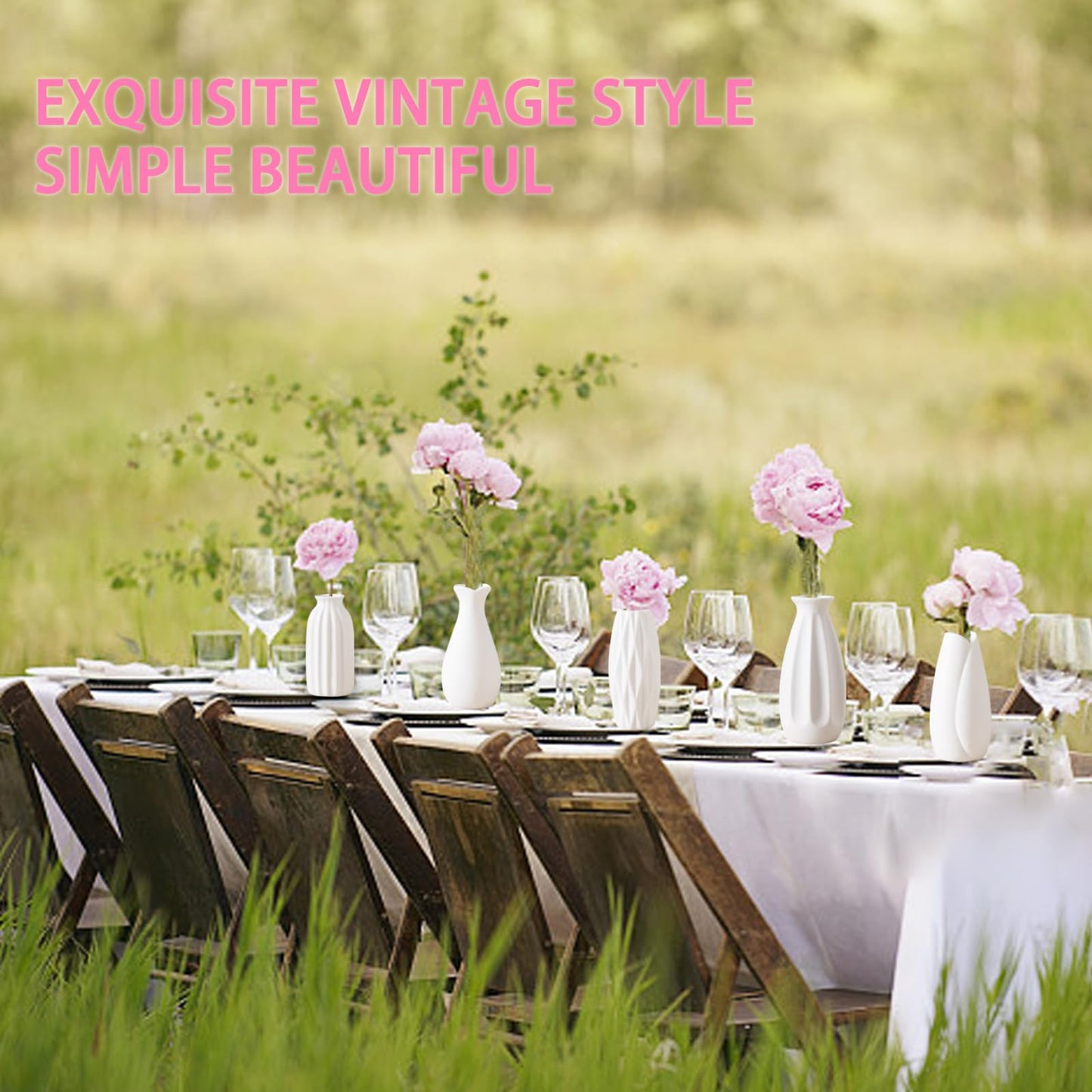 Dining table set with floral arrangements and glasses outdoors, with text 'Exquisite Vintage Style Simple Beautiful'.