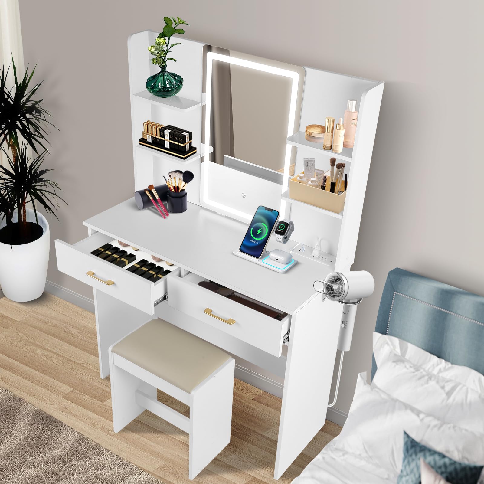 White vanity table with mirror, drawers, and various items on a wooden floor.