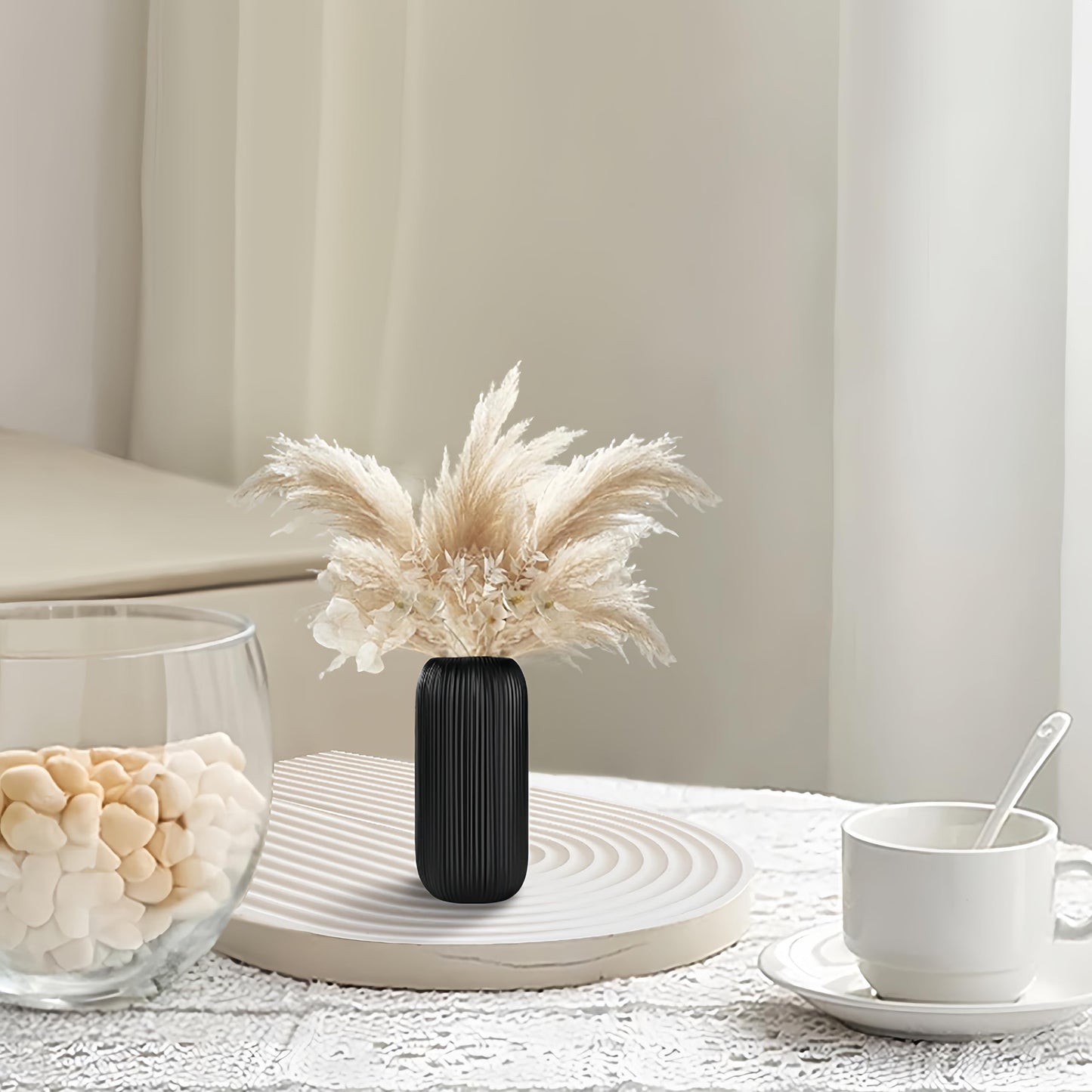 Ceramic Vase for Flowers – Modern Small Ribbed Textured Flower Vase for Home Decor, Pampas Grass, Decorative, Farmhouse, Coffee Table, Kitchen Centerpieces, Bookshelf and Home Living (White)