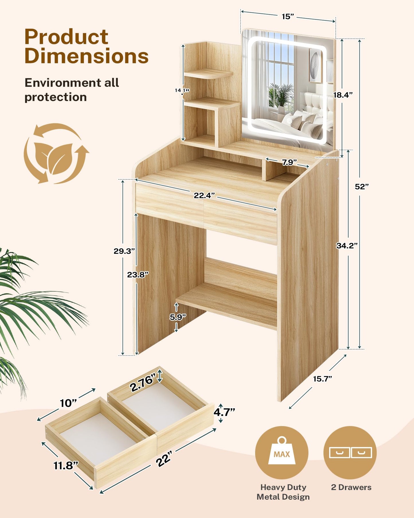 Wooden vanity table with dimensions and features on a beige background