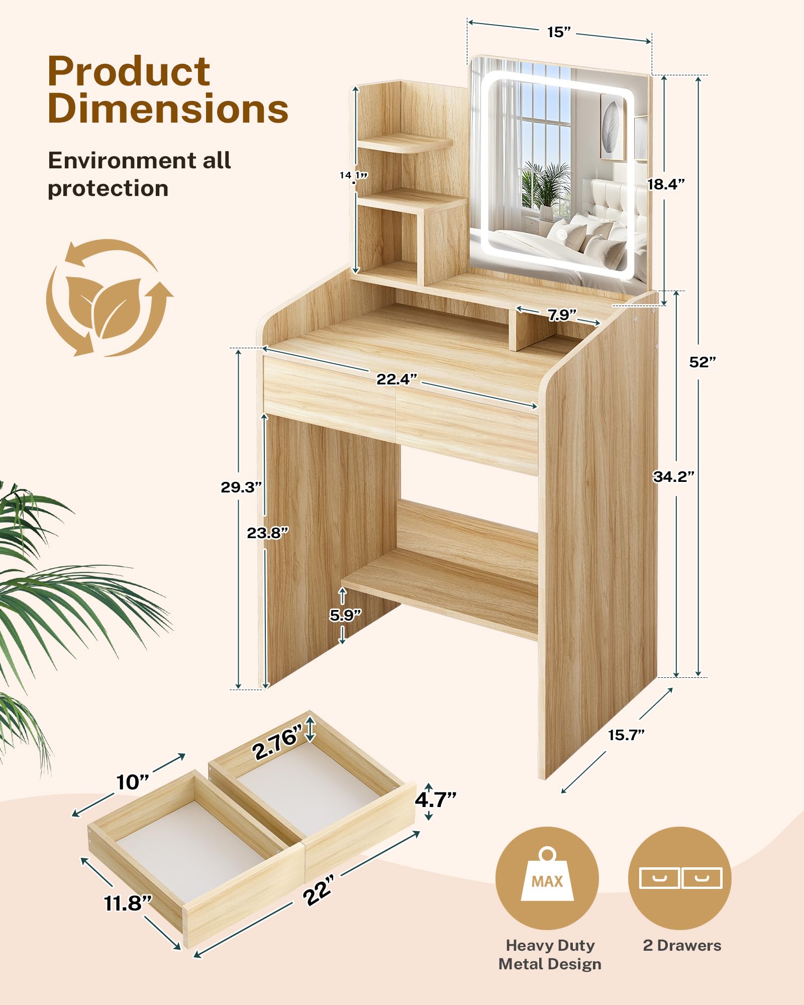 Wooden vanity table with dimensions and features on a beige background