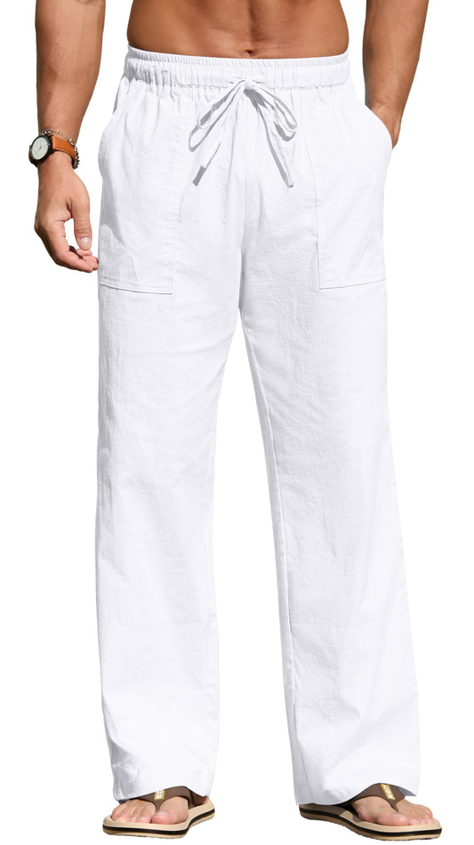 Sailwind Men's Casual Linen Pants Beach Summer Elastic Waist Drawstring Pants Lightweight Linen Trousers White