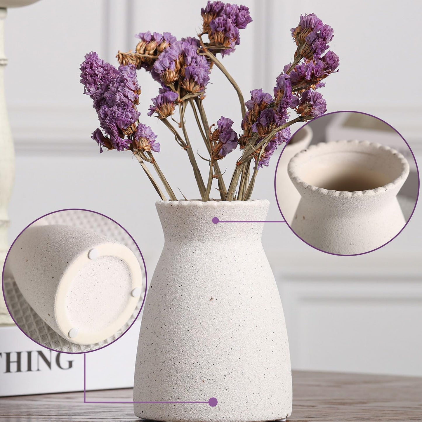 White textured vase with purple flowers on a light background