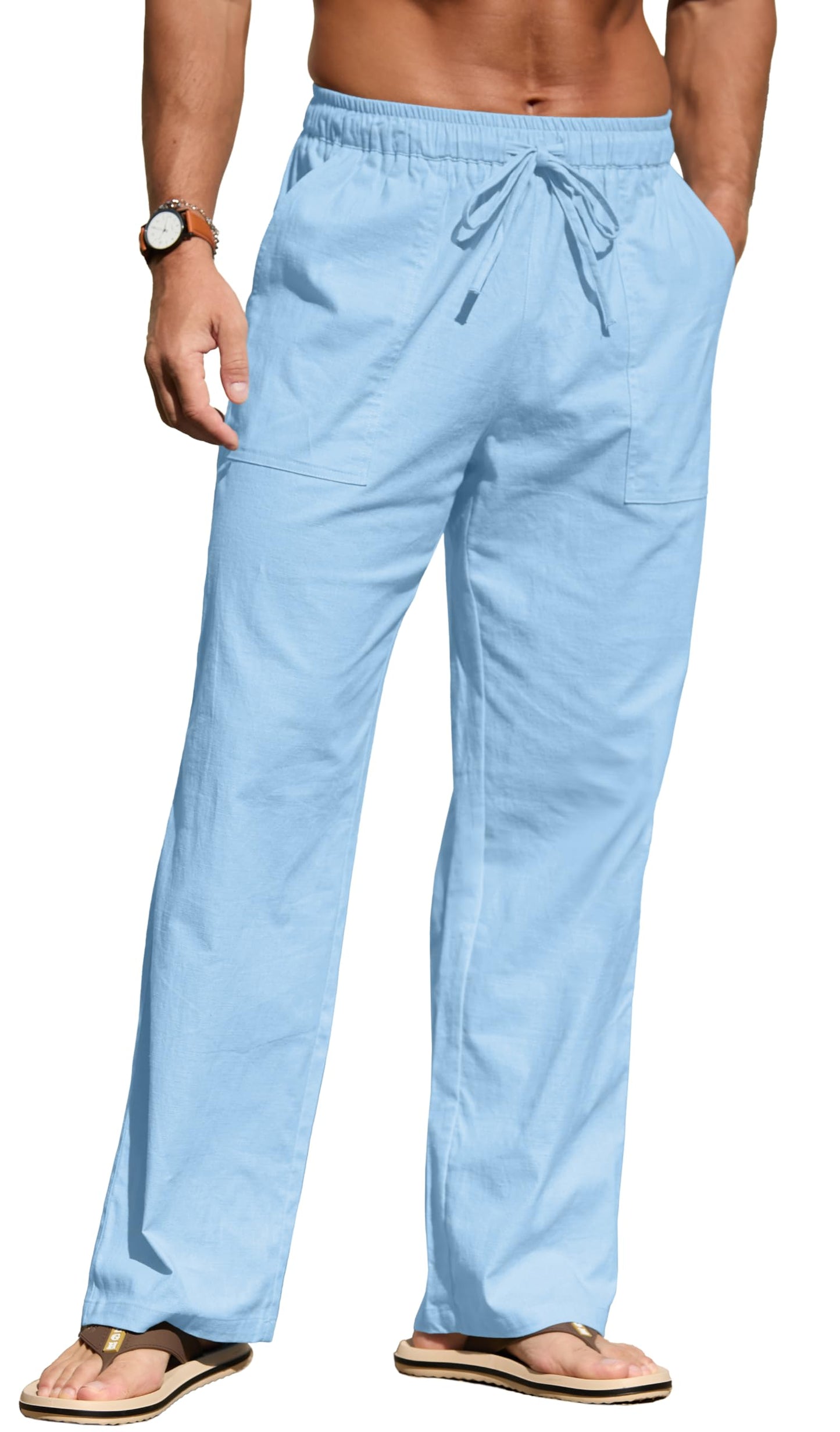 Sailwind Men's Casual Linen Pants Beach Summer Elastic Waist Drawstring Pants Lightweight Linen Trousers White