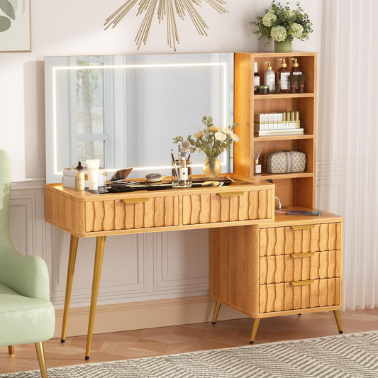 Wooden vanity with mirror, drawers, and shelves in a room setting.