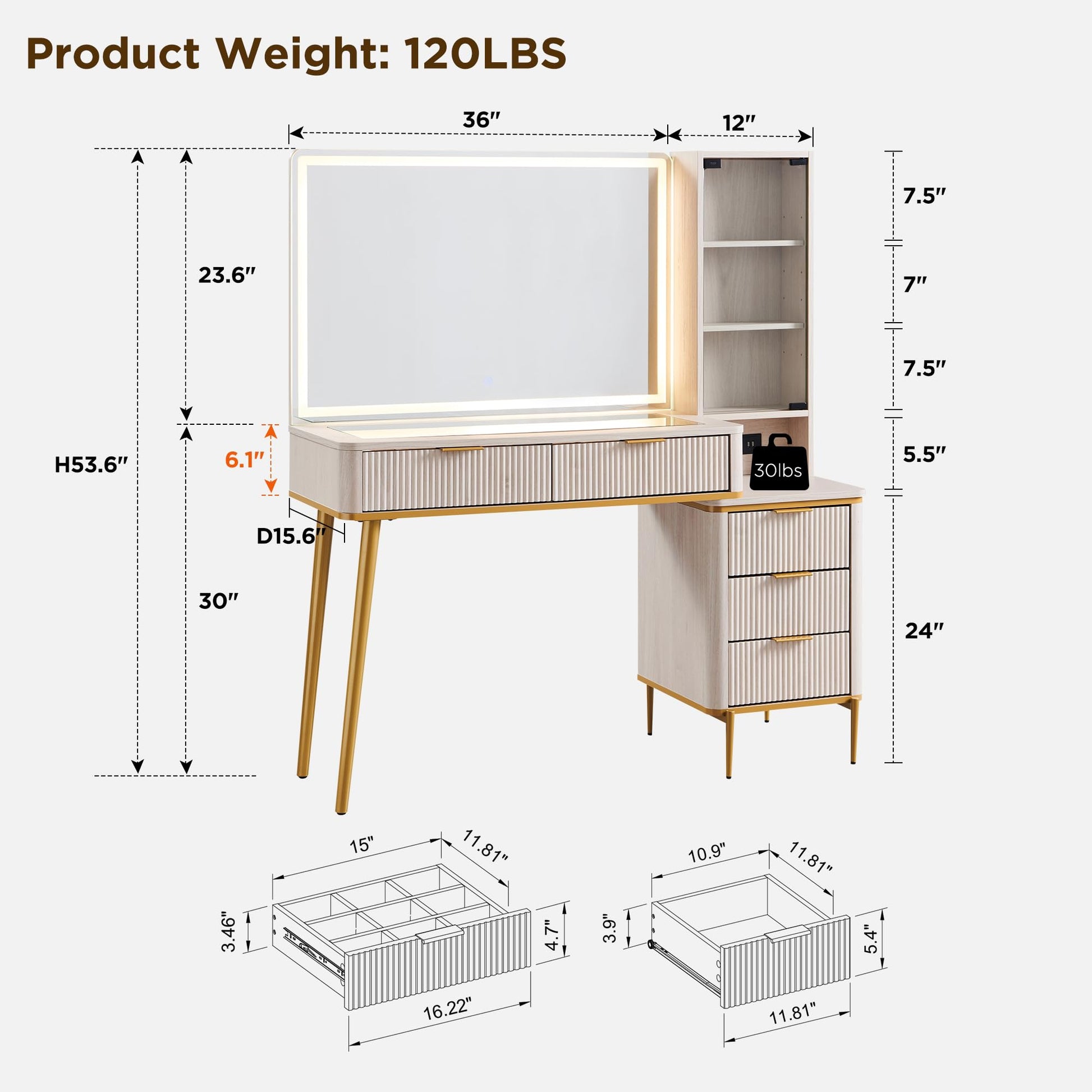 Cosmetic organizer with embedded tempered glass tabletop displaying various items.