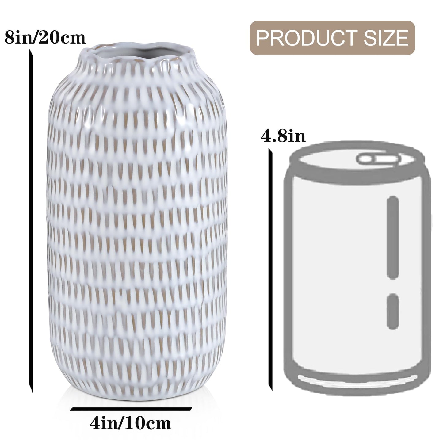 Ceramic Vase for Flowers – Modern Small Ribbed Textured Flower Vase for Home Decor, Pampas Grass, Decorative, Farmhouse, Coffee Table, Kitchen Centerpieces, Bookshelf and Home Living (White)