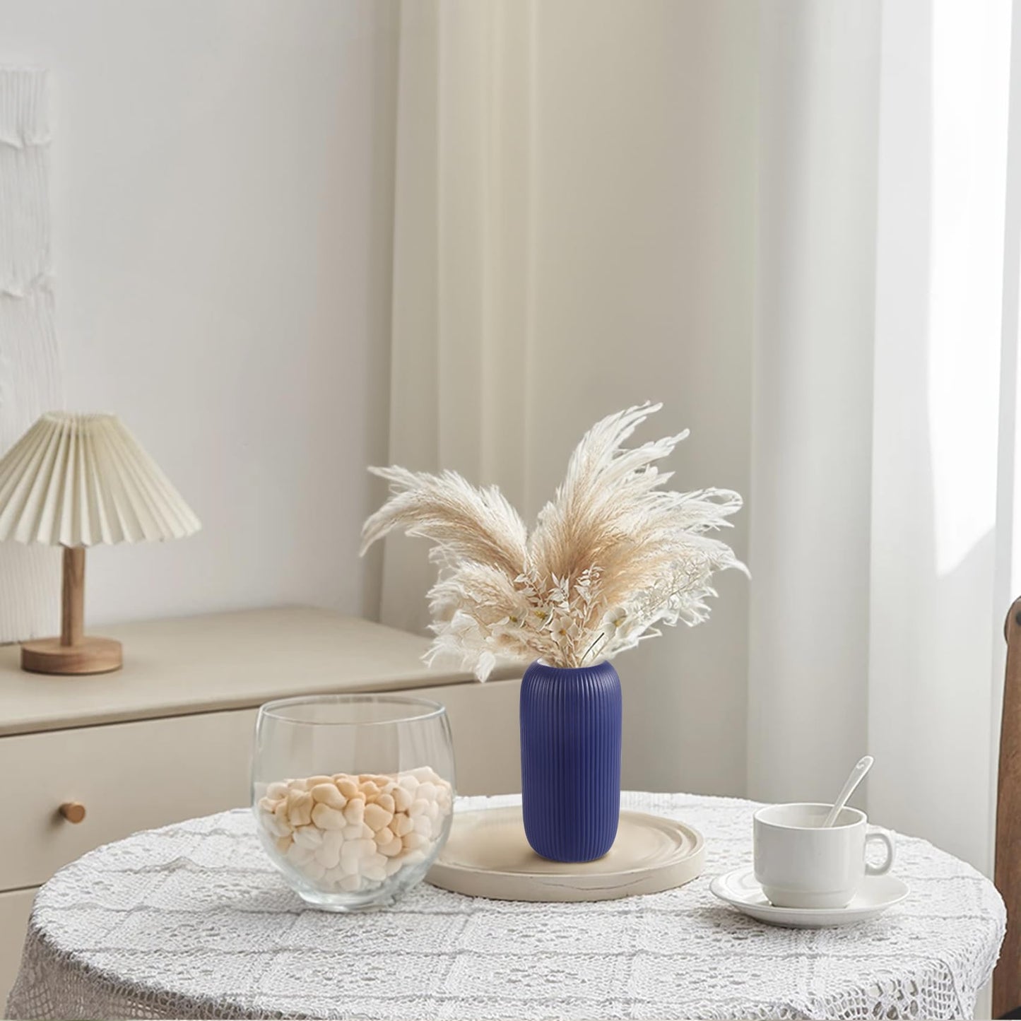 Ceramic Vase for Flowers – Modern Small Ribbed Textured Flower Vase for Home Decor, Pampas Grass, Decorative, Farmhouse, Coffee Table, Kitchen Centerpieces, Bookshelf and Home Living (White)