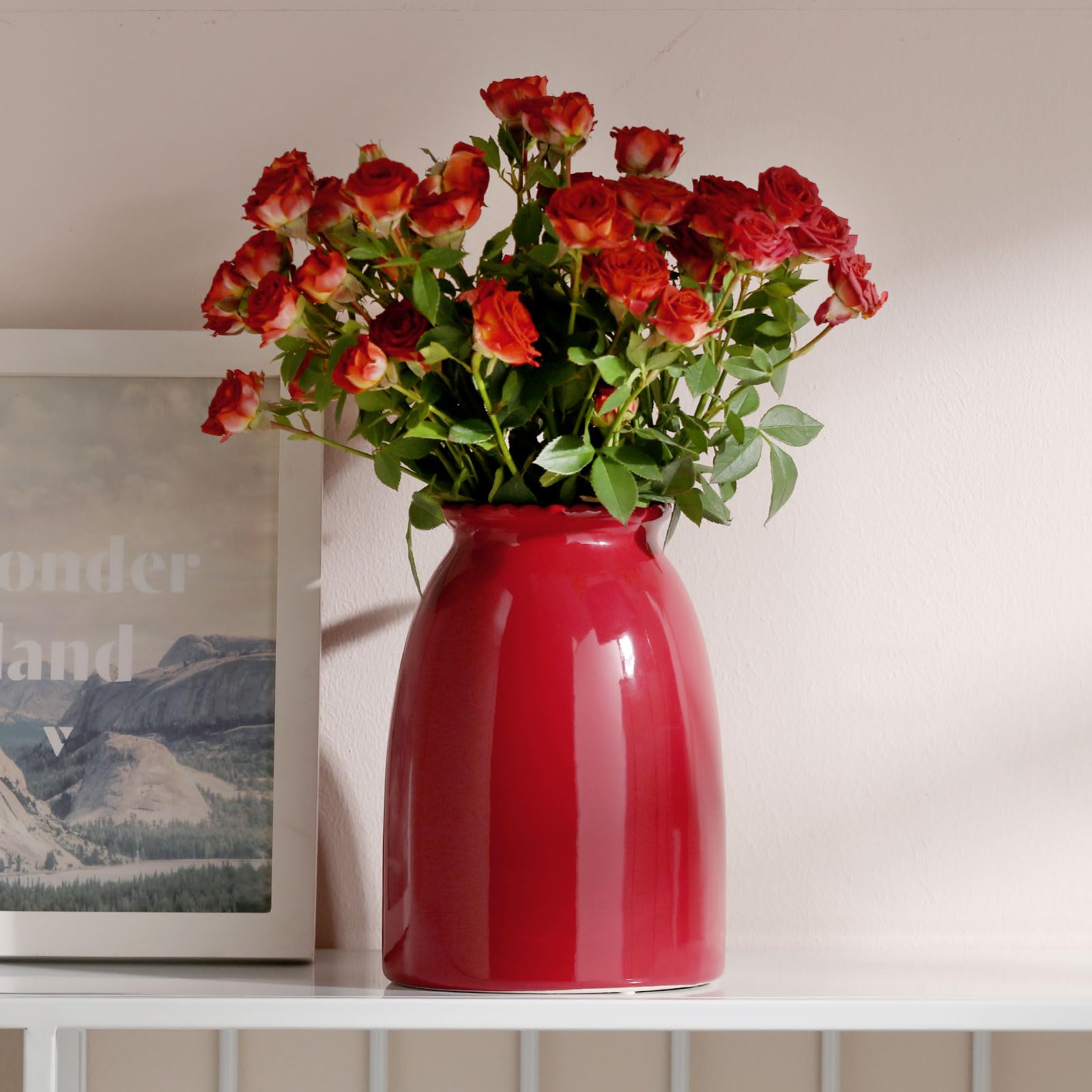 Red vase with flowers on a shelf next to a framed picture