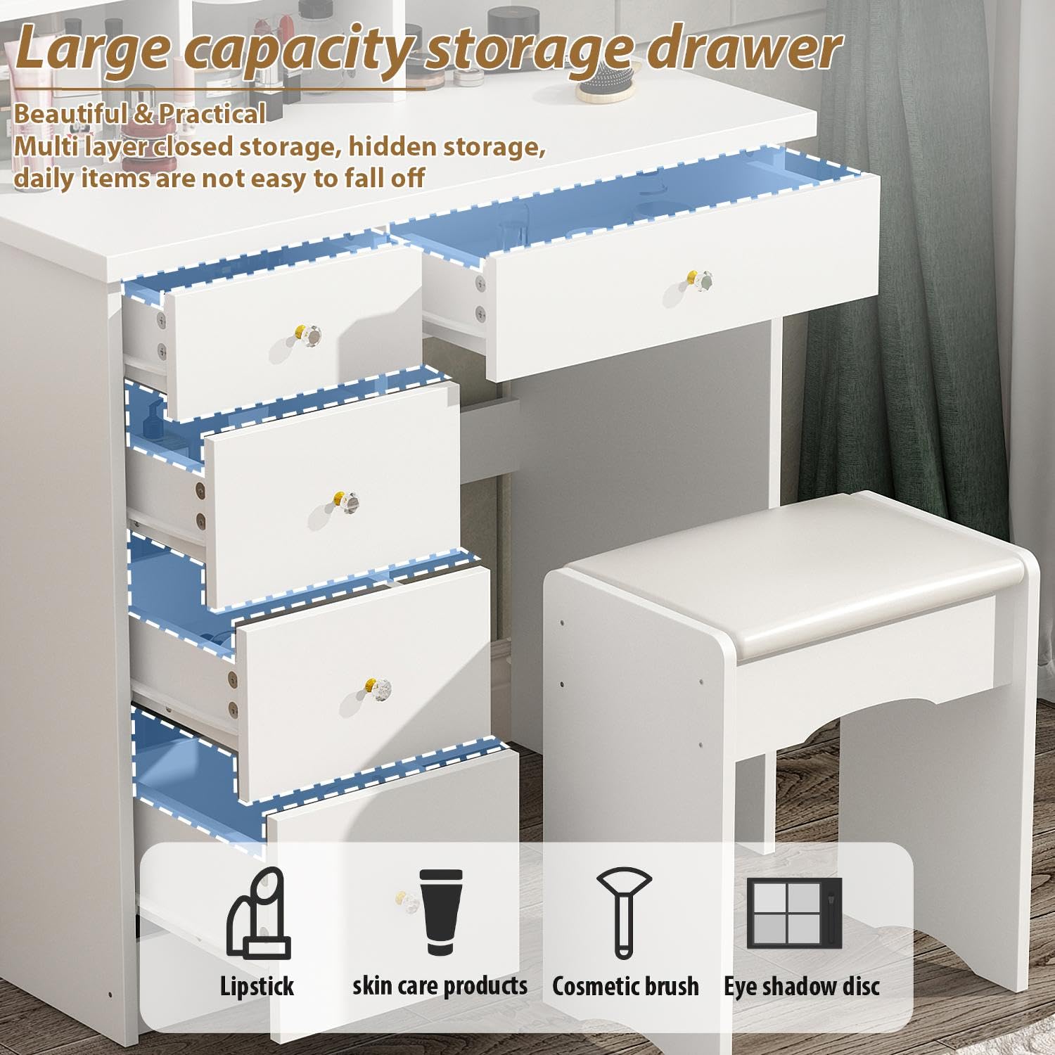 White storage drawer system with multiple drawers and a stool, featuring text about its capacity and uses.