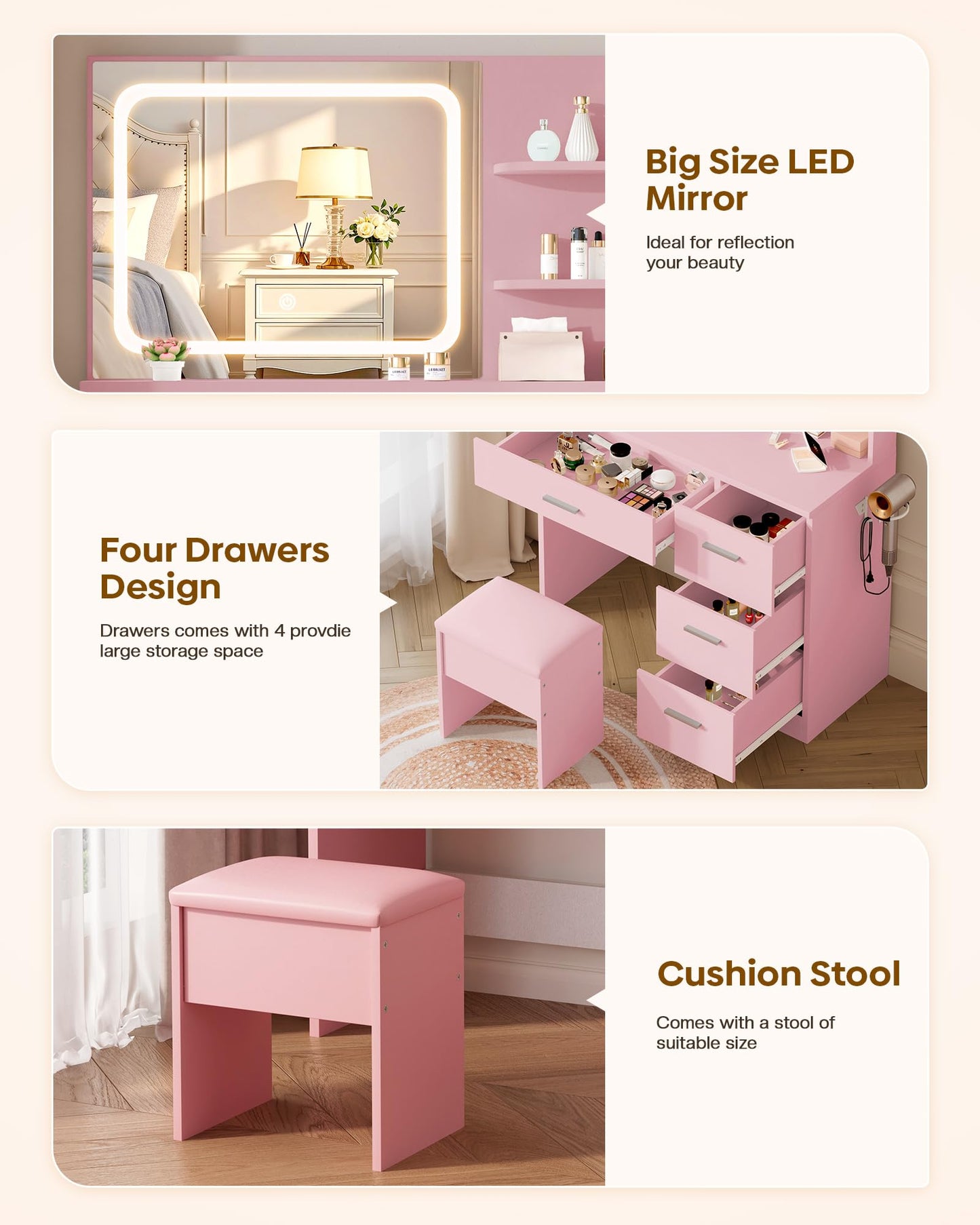 Pink vanity table with LED mirror, four drawers, and cushion stool in a bedroom setting.