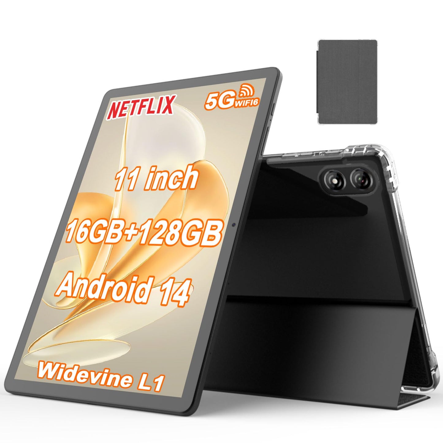 PEICHENG Tablet 11" Android 14.0 with Grey Case, RAM 16GB (4GB+12GB Expansion)+128GB ROM, 5G Wi-Fi, 8000 mAh, 5MP front/13MP Back Camera, Octa Core T606 1.6GHZ (Tablet+case)