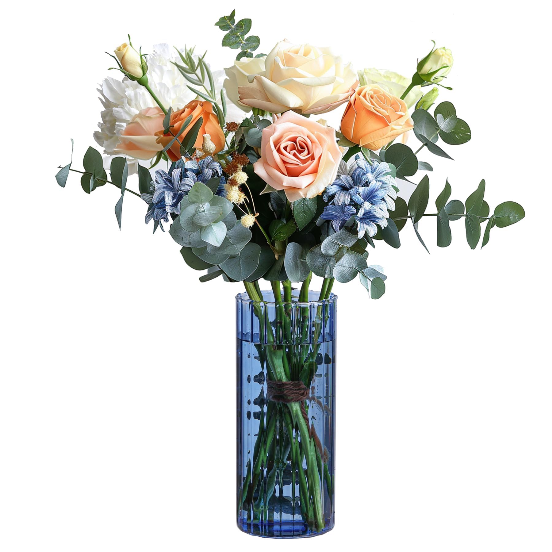 Bouquet of flowers in a blue vase on a white background