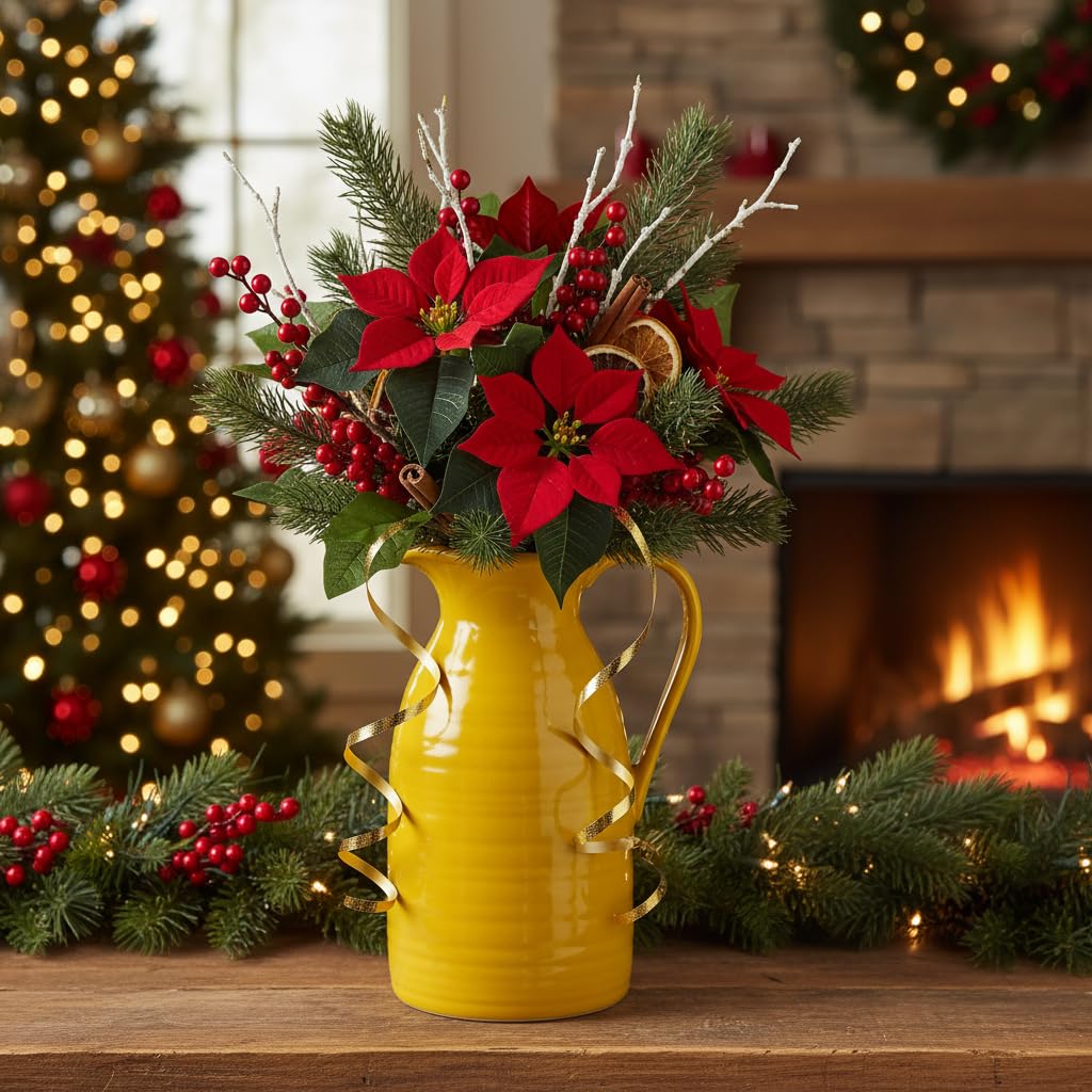 Decorative Christmas arrangement with poinsettias in a yellow vase on a table in front of a fireplace and Christmas tree.