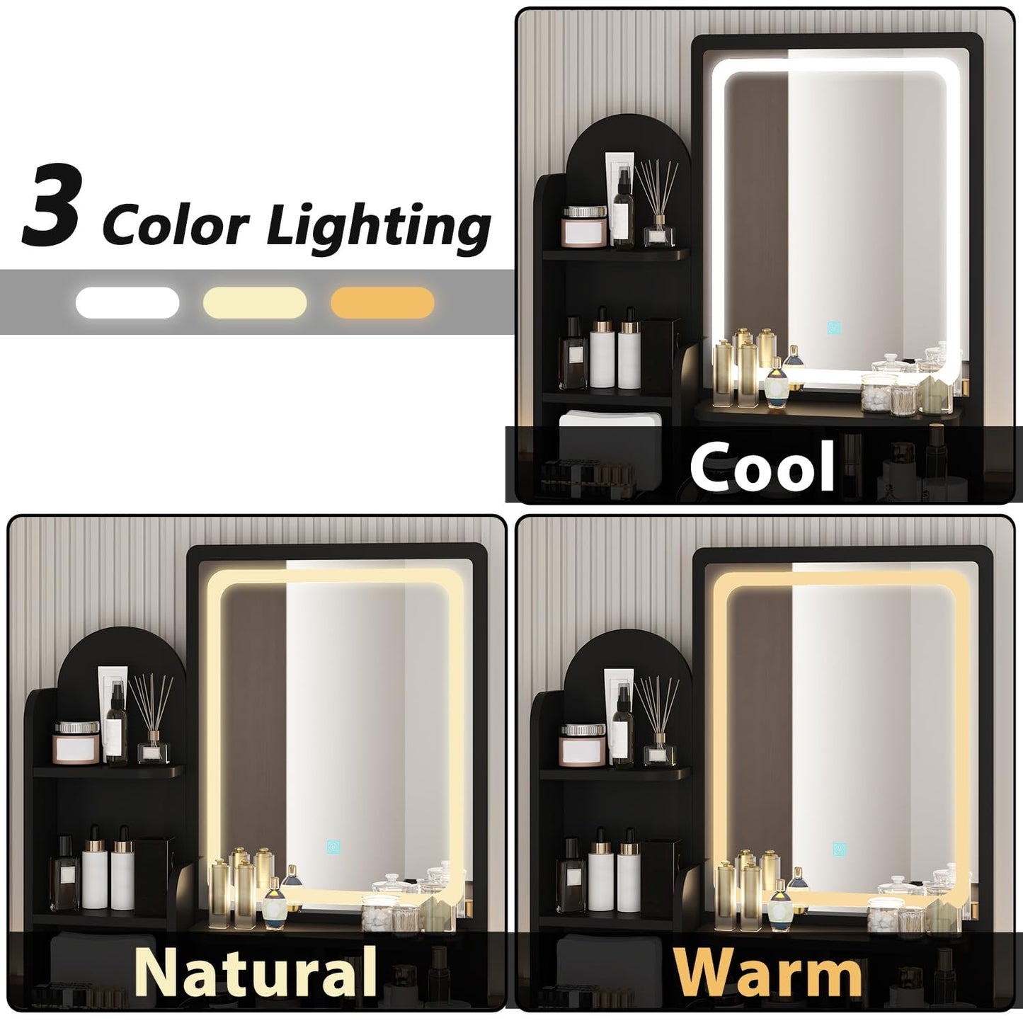 Bathroom vanity setup with a mirror featuring three color lighting options: Cool, Natural, and Warm.