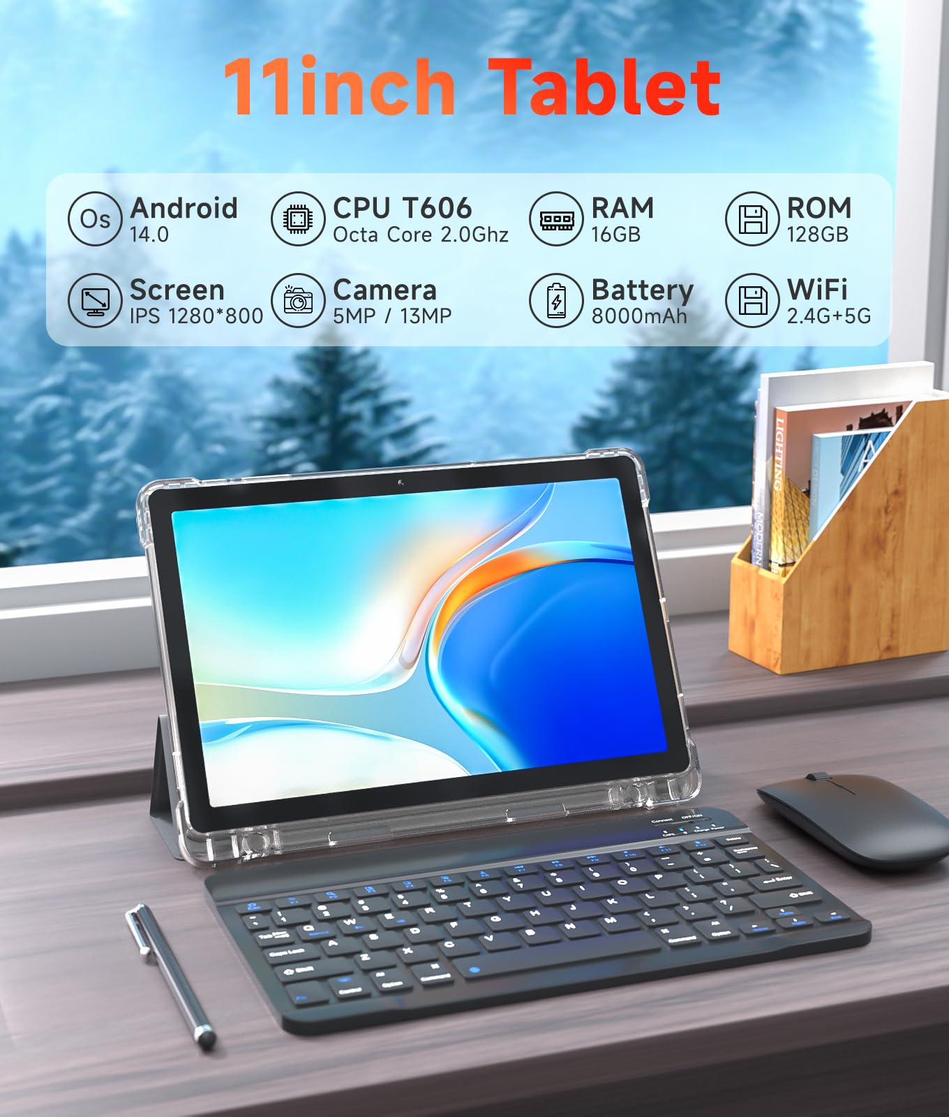 PEICHENG Tablet 11" Android 14.0 with Grey Case, RAM 16GB (4GB+12GB Expansion)+128GB ROM, 5G Wi-Fi, 8000 mAh, 5MP front/13MP Back Camera, Octa Core T606 1.6GHZ (Tablet+case)