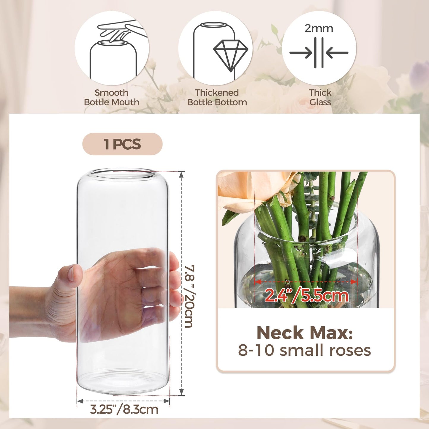 Clear glass vase with dimensions and features displayed on a beige background