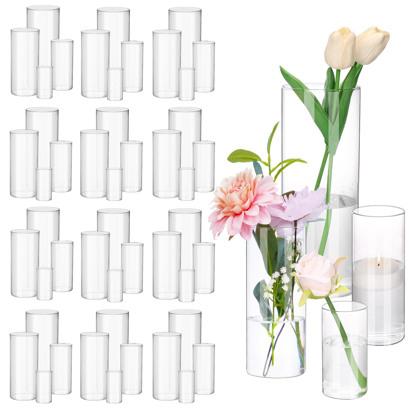 Set of clear cylindrical vases with a few containing flowers on a white background