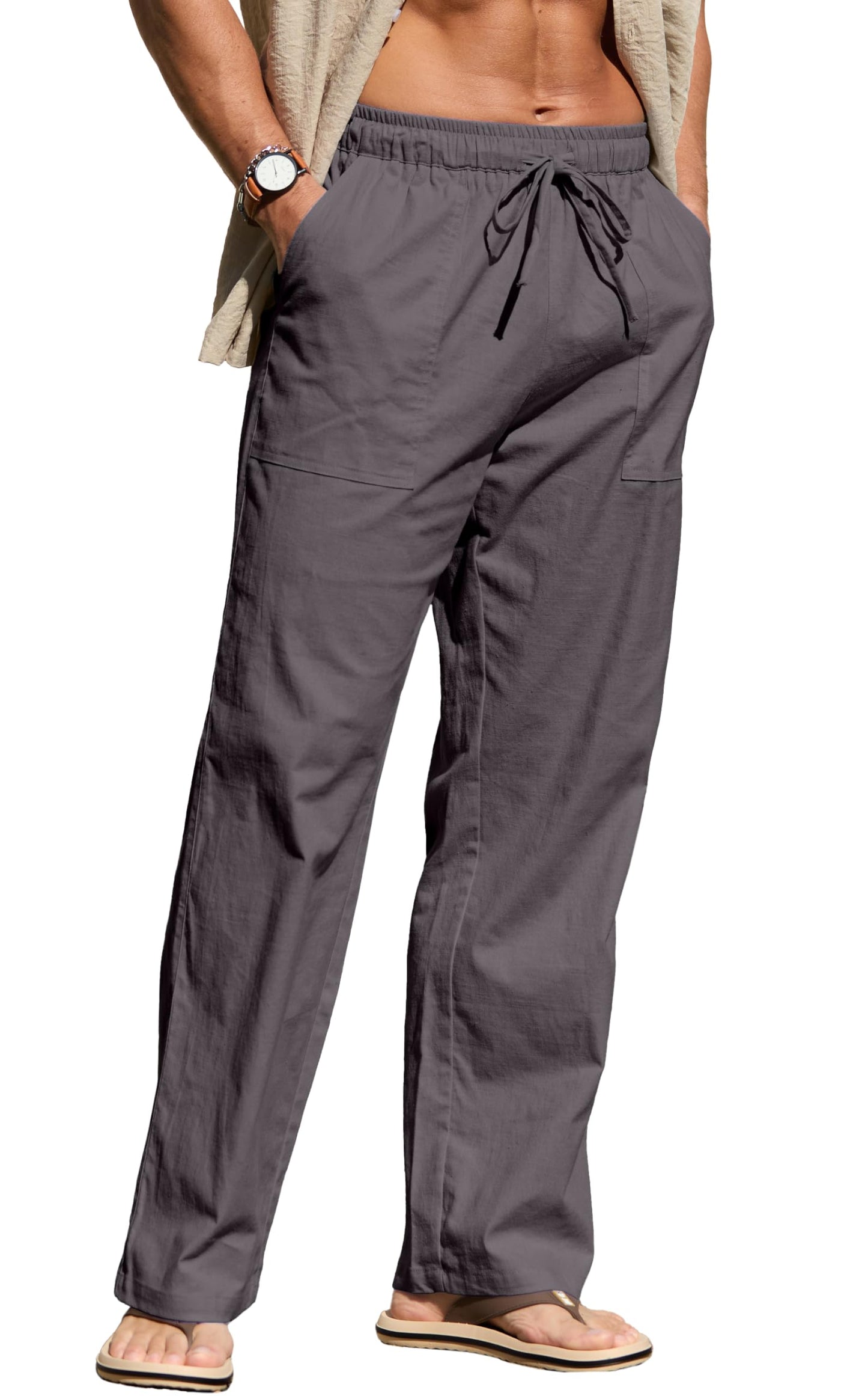 Sailwind Men's Casual Linen Pants Beach Summer Elastic Waist Drawstring Pants Lightweight Linen Trousers White