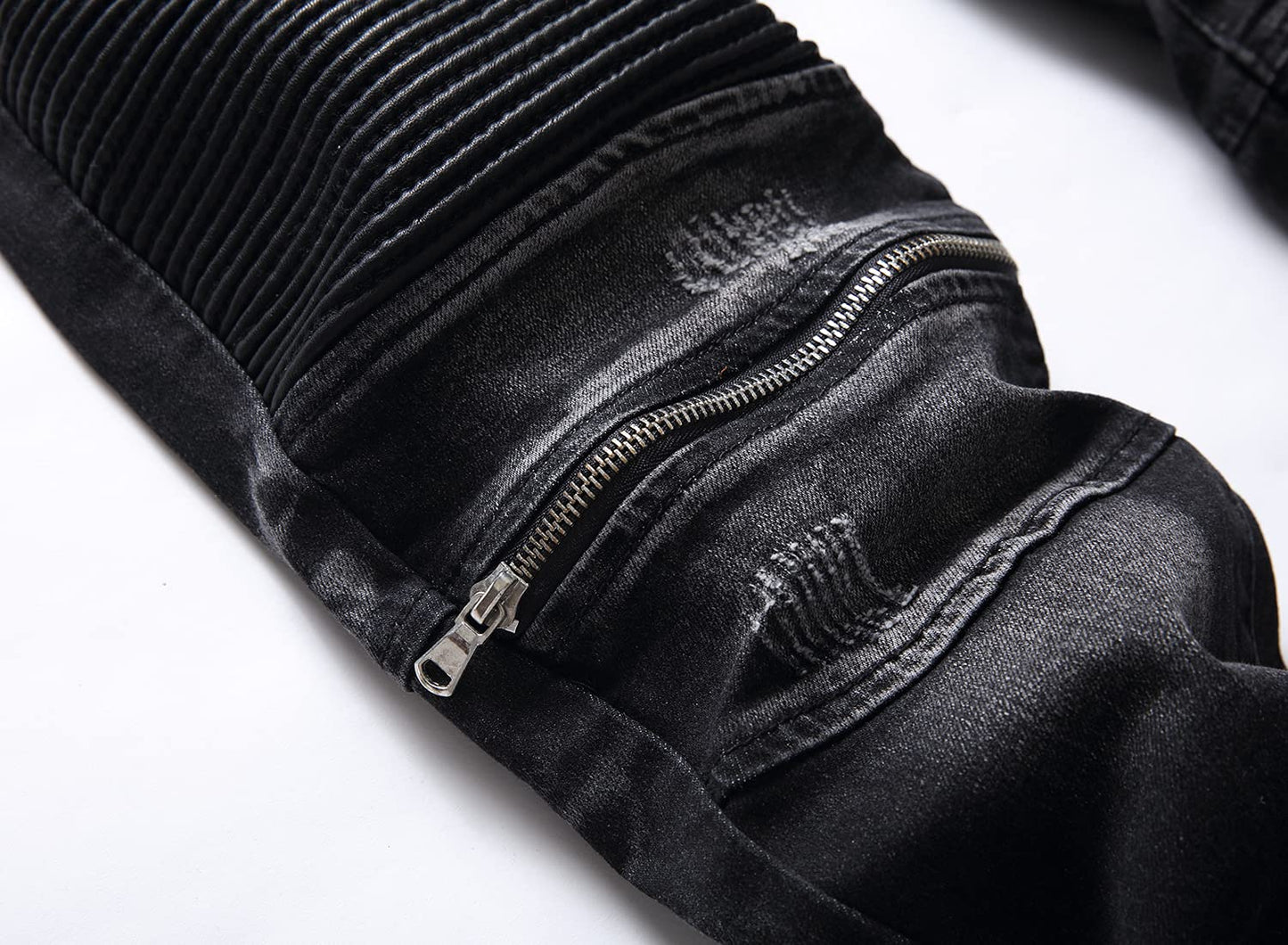 AITITIA Men's Biker Zipper Deco Washed Straight Fit Jeans (40, 002 Light Blue)