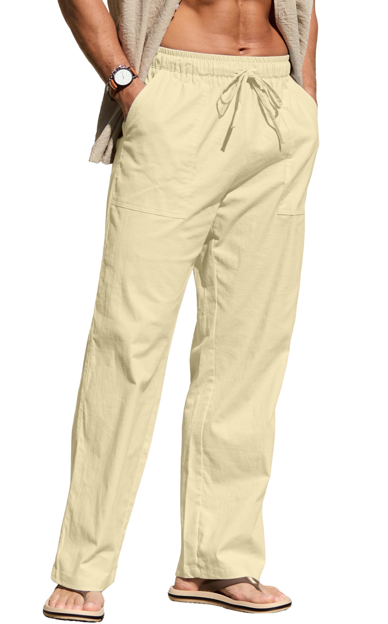 Sailwind Men's Casual Linen Pants Beach Summer Elastic Waist Drawstring Pants Lightweight Linen Trousers White