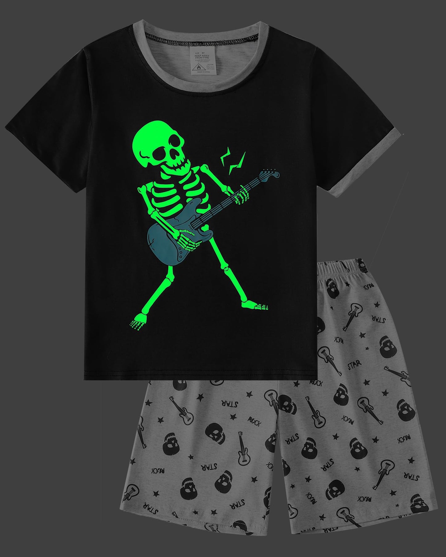 MyFav Big Boys Glow in Dark Skull Pjs Sleepwear Summer Pajama Shorts Sets, Skateboard, 14 Years