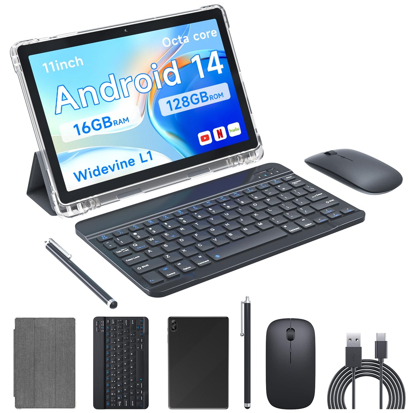 PEICHENG Tablet 11" Android 14.0 with Grey Case, RAM 16GB (4GB+12GB Expansion)+128GB ROM, 5G Wi-Fi, 8000 mAh, 5MP front/13MP Back Camera, Octa Core T606 1.6GHZ (Tablet+case)