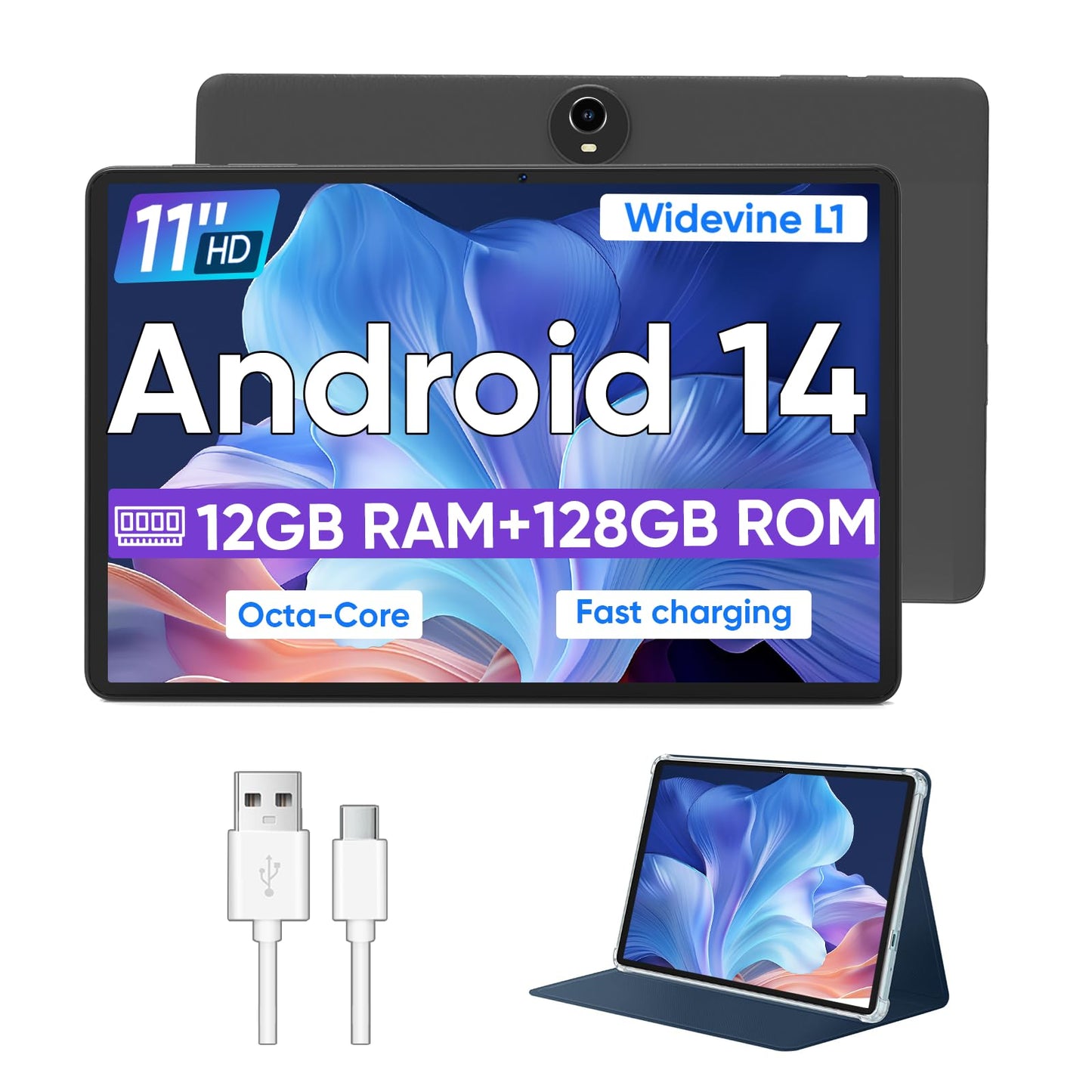 Android 14 Tablet,11 Inch Tablets with Octa Core Processor, 12GB RAM + 128GB ROM 1TB Expand, Widevine L1, 8000mAh Battery, 2.4/5Ghz Dual Band WiFi/GPS/FM Radio,5/8MP Cameras, Case Included - Blue