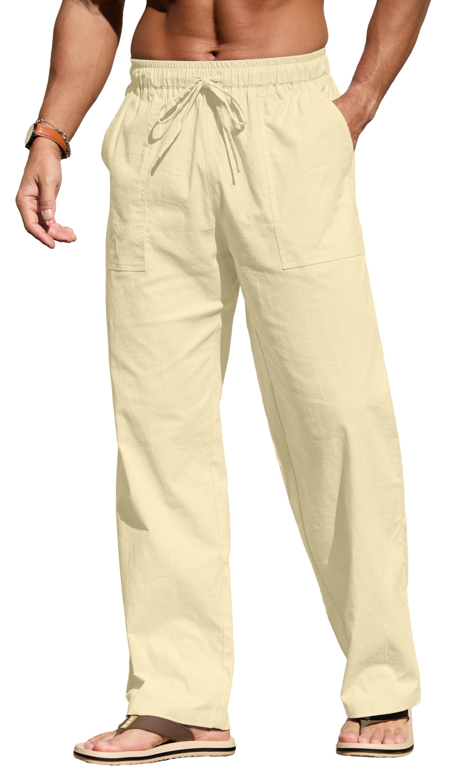 Sailwind Men's Casual Linen Pants Beach Summer Elastic Waist Drawstring Pants Lightweight Linen Trousers White