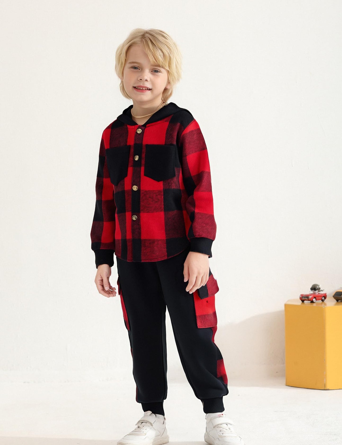 Auiopila Kids Toddler Boy Clothes Plaid Hooded Shirt White T-shirt Top and Solid Color Pants 3Pcs Winter Boys Outfits