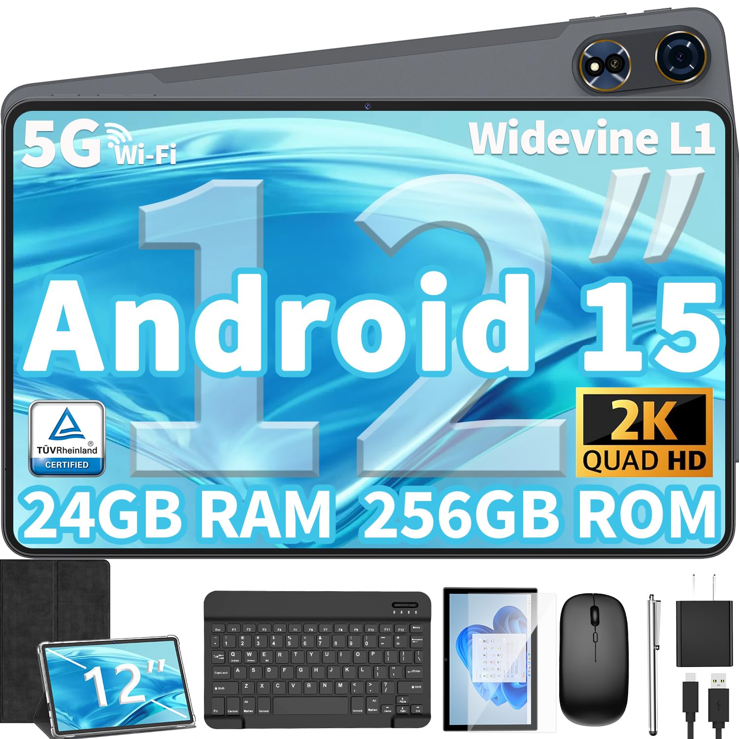 12 Inch Tablet Android 15 Tablets, 2025 Upgraded Android Tablet with Keyboard, 24GB RAM+256GB ROM(1TB Expand).