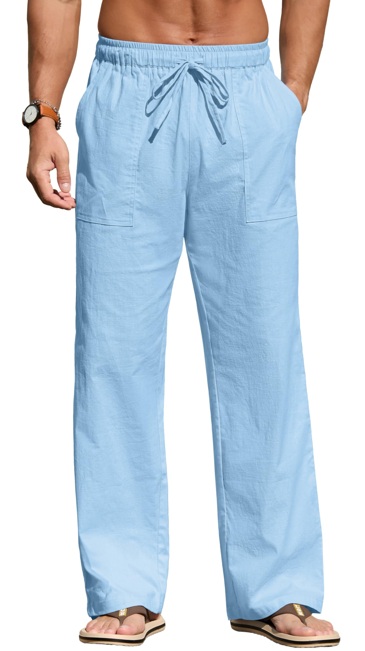 Sailwind Men's Casual Linen Pants Beach Summer Elastic Waist Drawstring Pants Lightweight Linen Trousers White