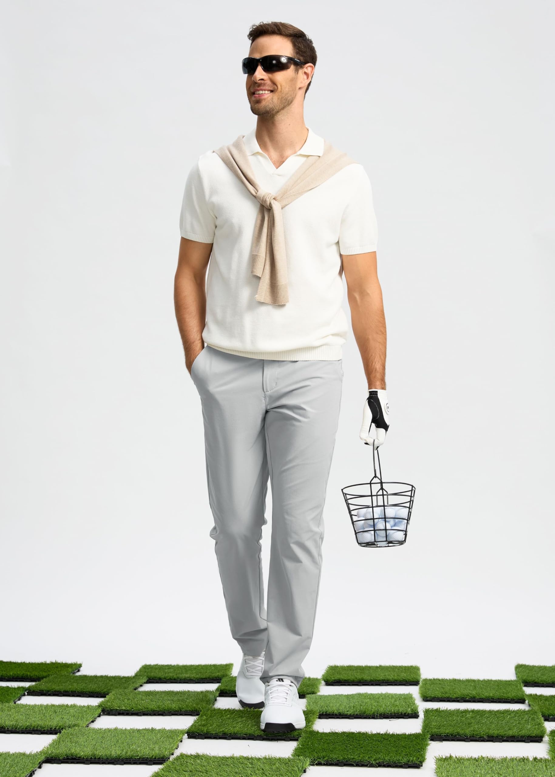 Pudolla Men's Golf Pants Stretch Classic Fit Work Dress Pants 30 Lightweight Quick Dry Casual Slacks Trousers with Pockets(Khaki 34Wx30L)