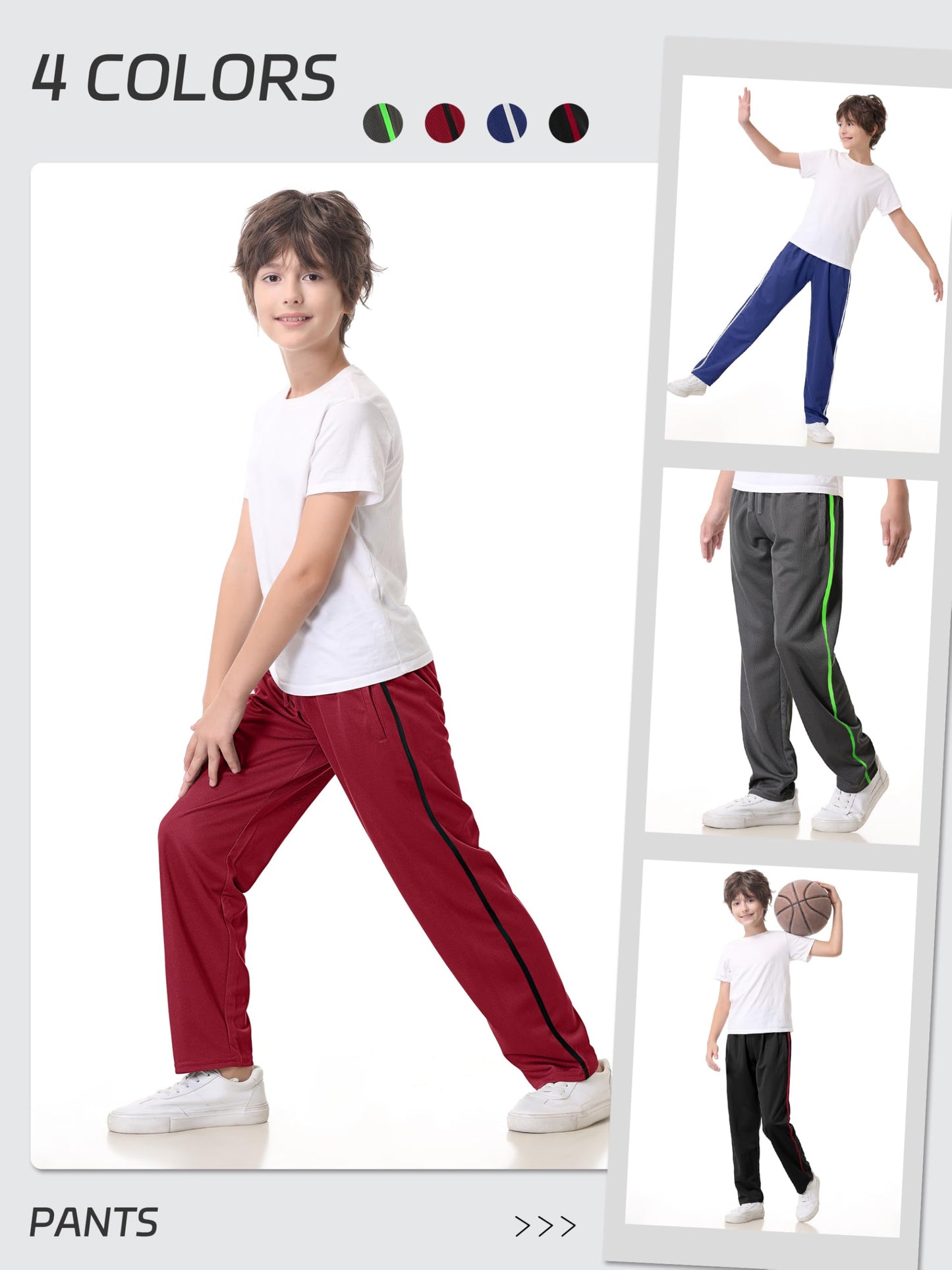 4 Pack Boys Mesh Lightweight Sweatpants, Thin Open Bottom Athletic Sweatpants for Boys.