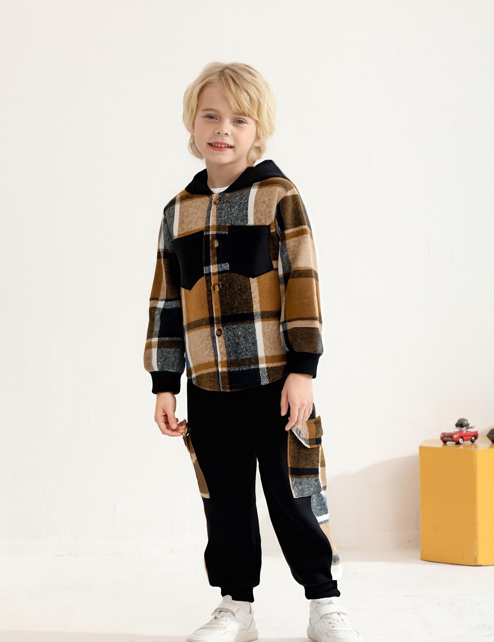 Auiopila Kids Toddler Boy Clothes Plaid Hooded Shirt White T-shirt Top and Solid Color Pants 3Pcs Winter Boys Outfits