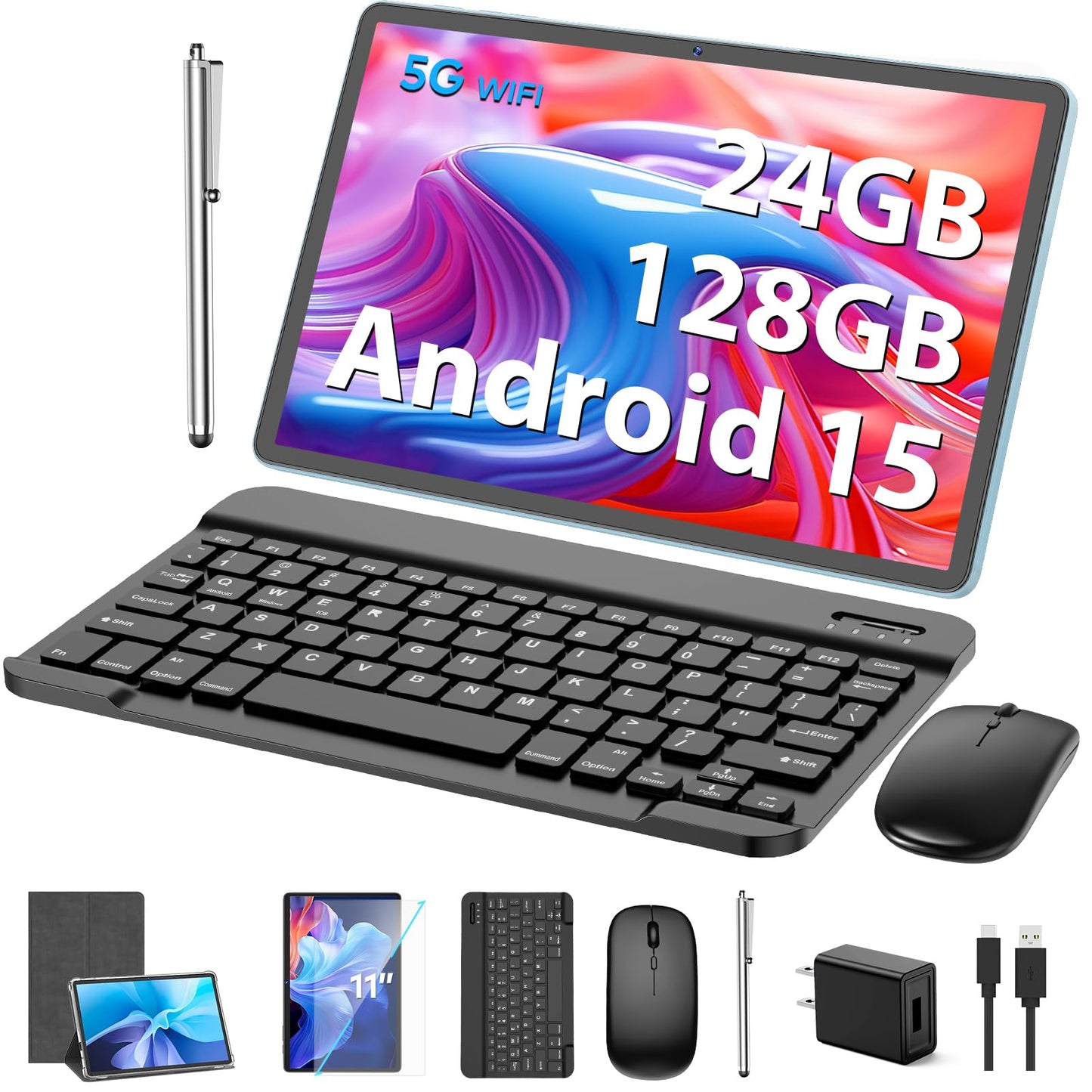 Android Tablet, 11 inch Android 15 Tablet with Keyboard, 24GB+128GB, 1TB Expand, 8000mAh, 5MP+13MP, 2.4G&5G WiFi, IPS Touch Screen, GMS Certified, 2 in 1 Tablets with Case, Mouse, Stylus(Black)