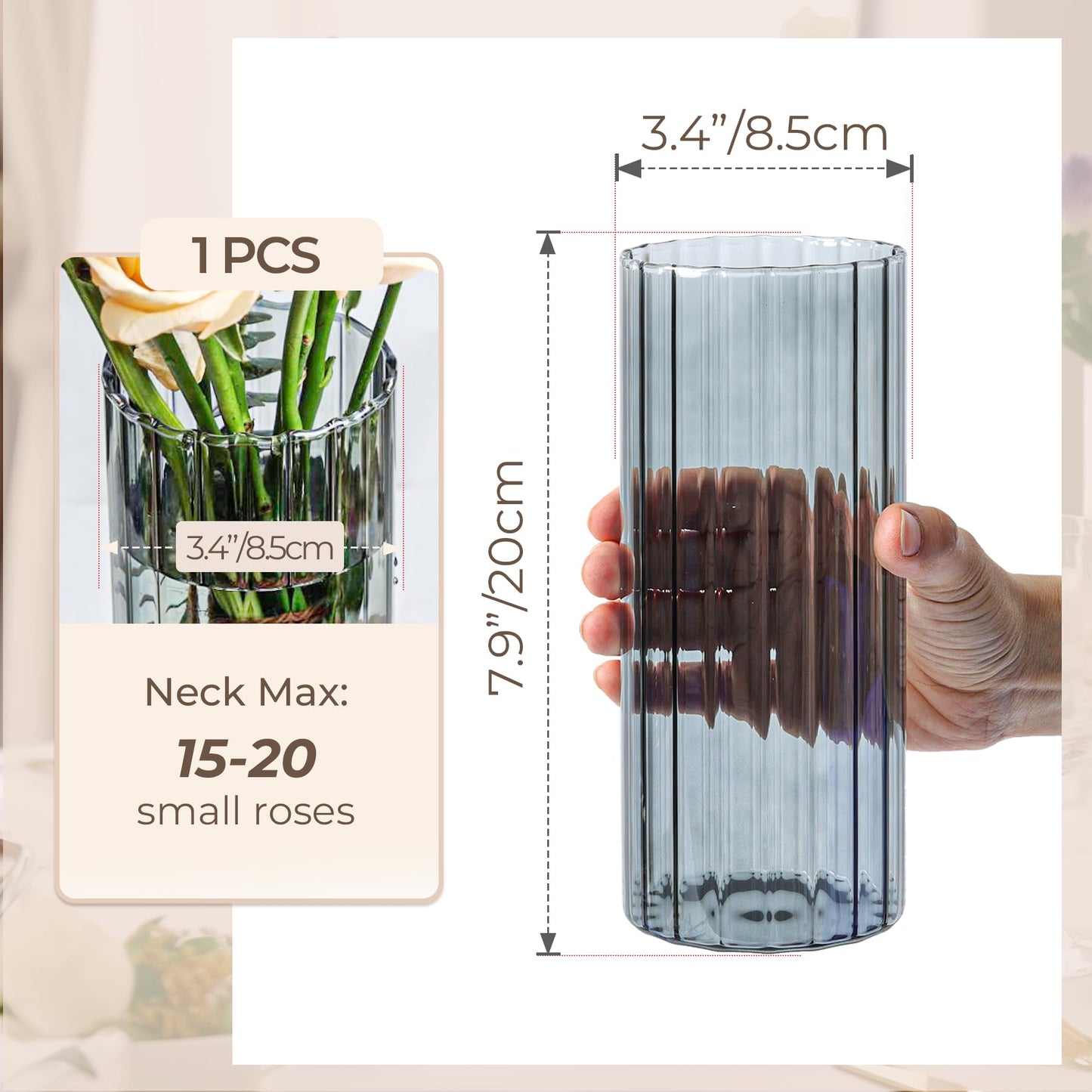 Glass vase with floral arrangement and measurement details on a white background