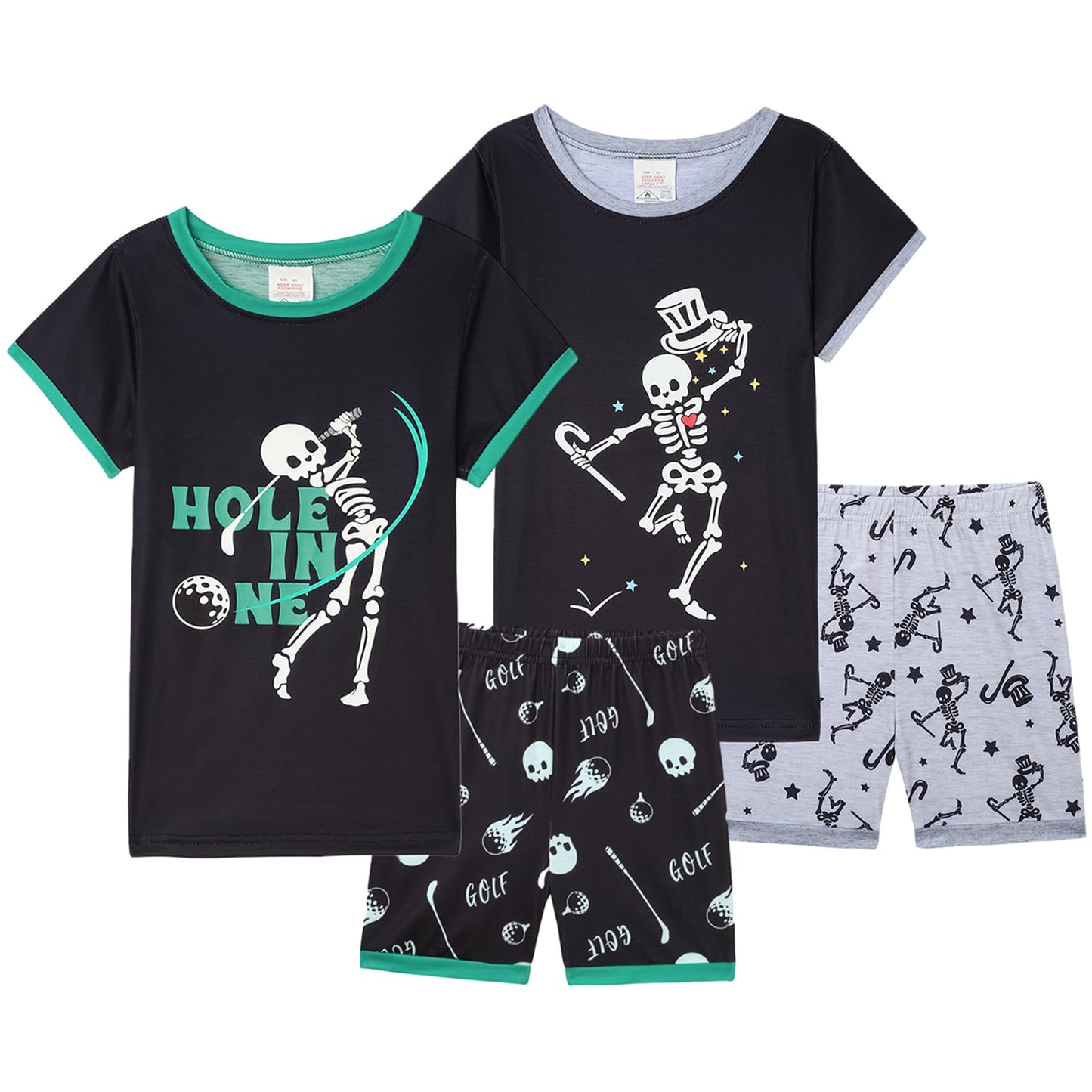 MyFav Big Boys Glow in Dark Skull Pjs Sleepwear Summer Pajama Shorts Sets, Skateboard, 14 Years