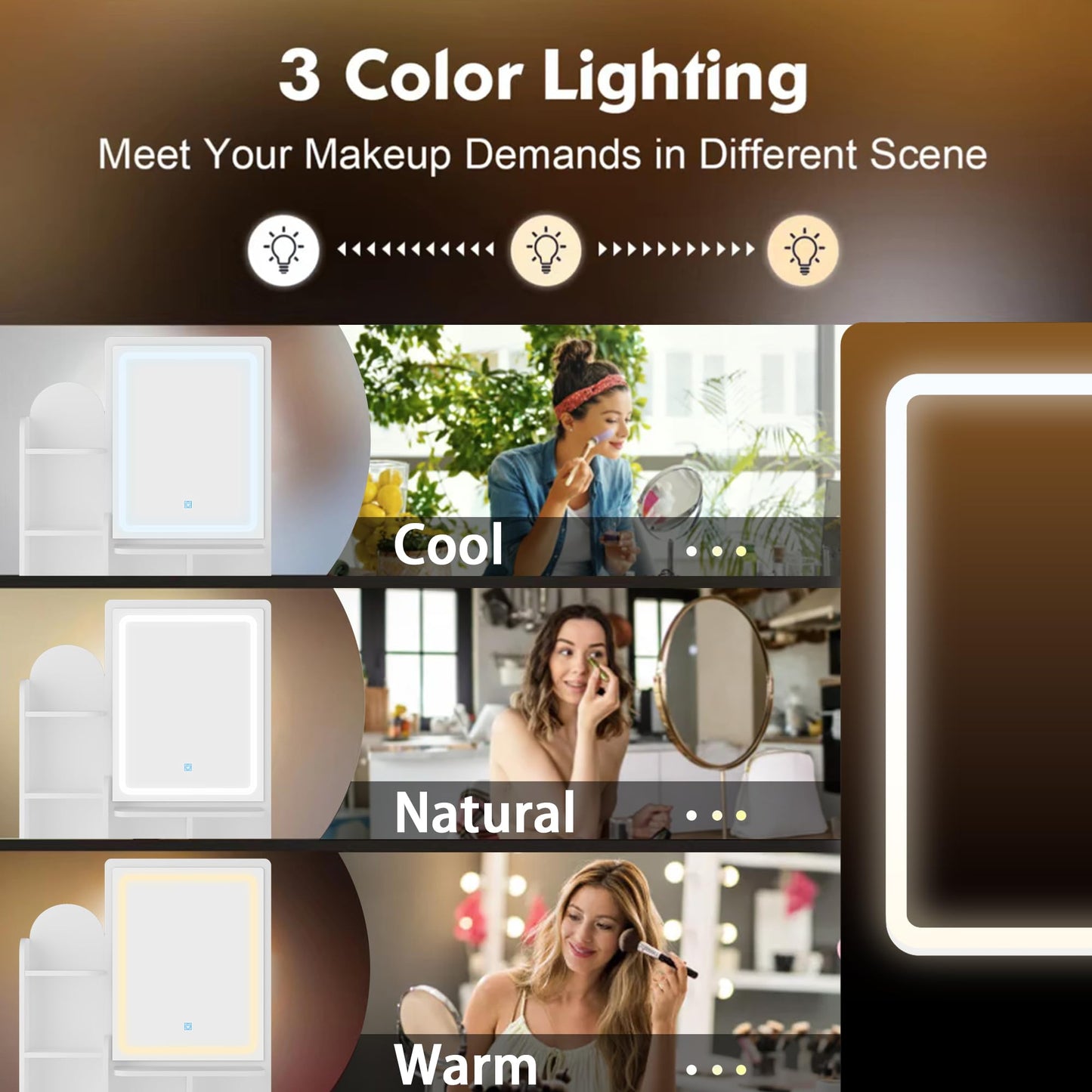 Makeup mirror with 3 color lighting options displayed on a screen.