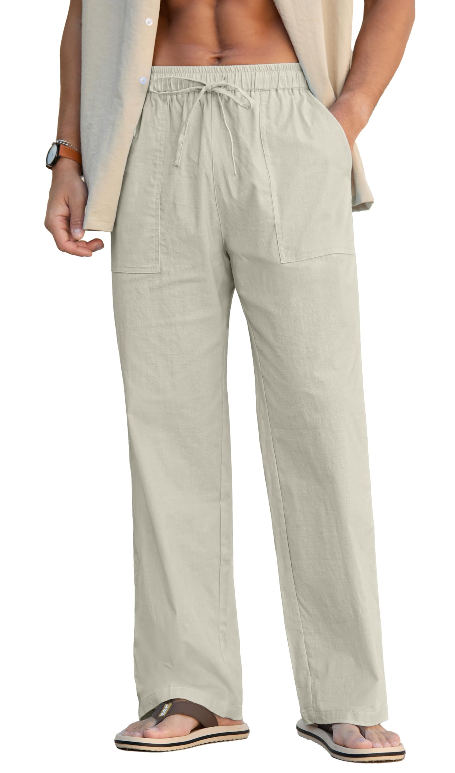 Sailwind Men's Casual Linen Pants Beach Summer Elastic Waist Drawstring Pants Lightweight Linen Trousers White