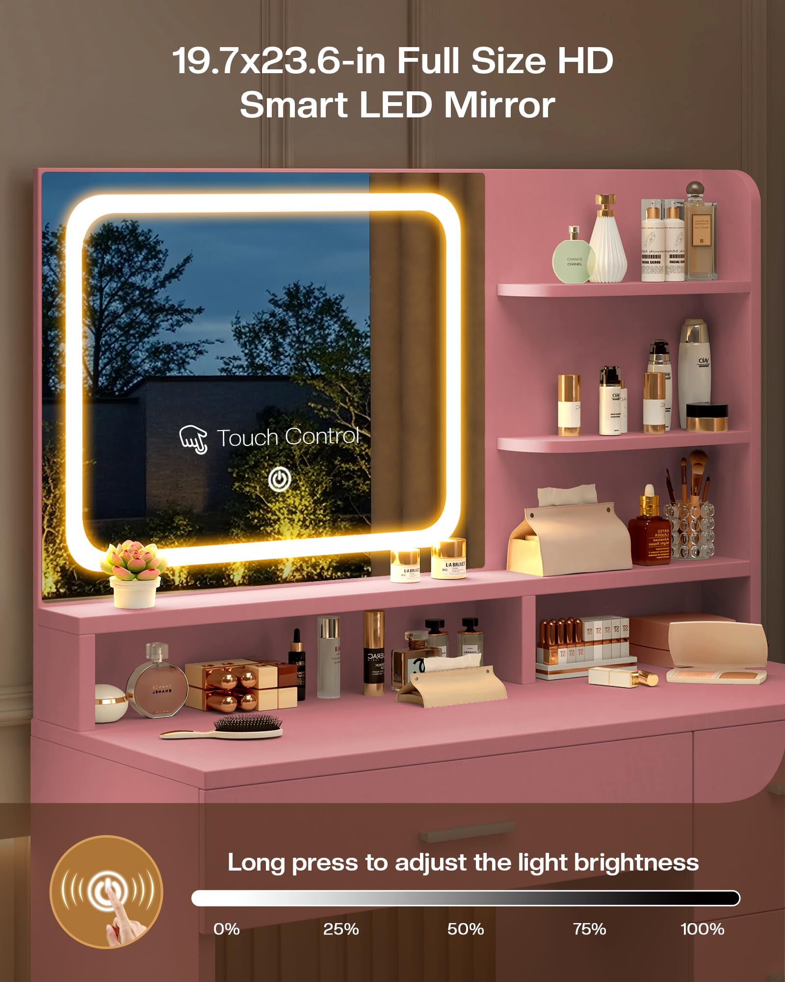 Smart LED mirror with digital display and pink vanity unit with cosmetic products.