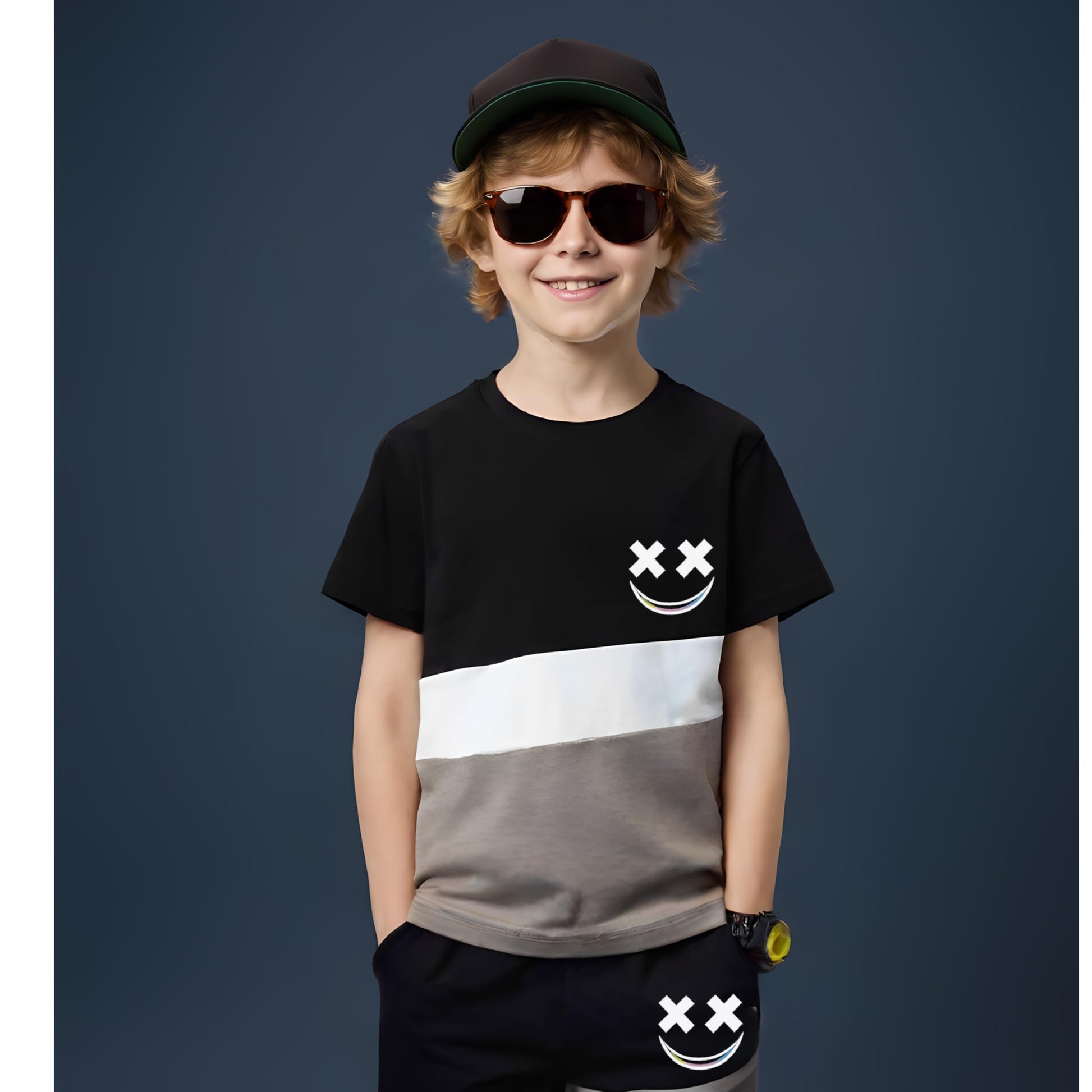 Child wearing a black and gray t-shirt with a smiley face design on a dark blue background