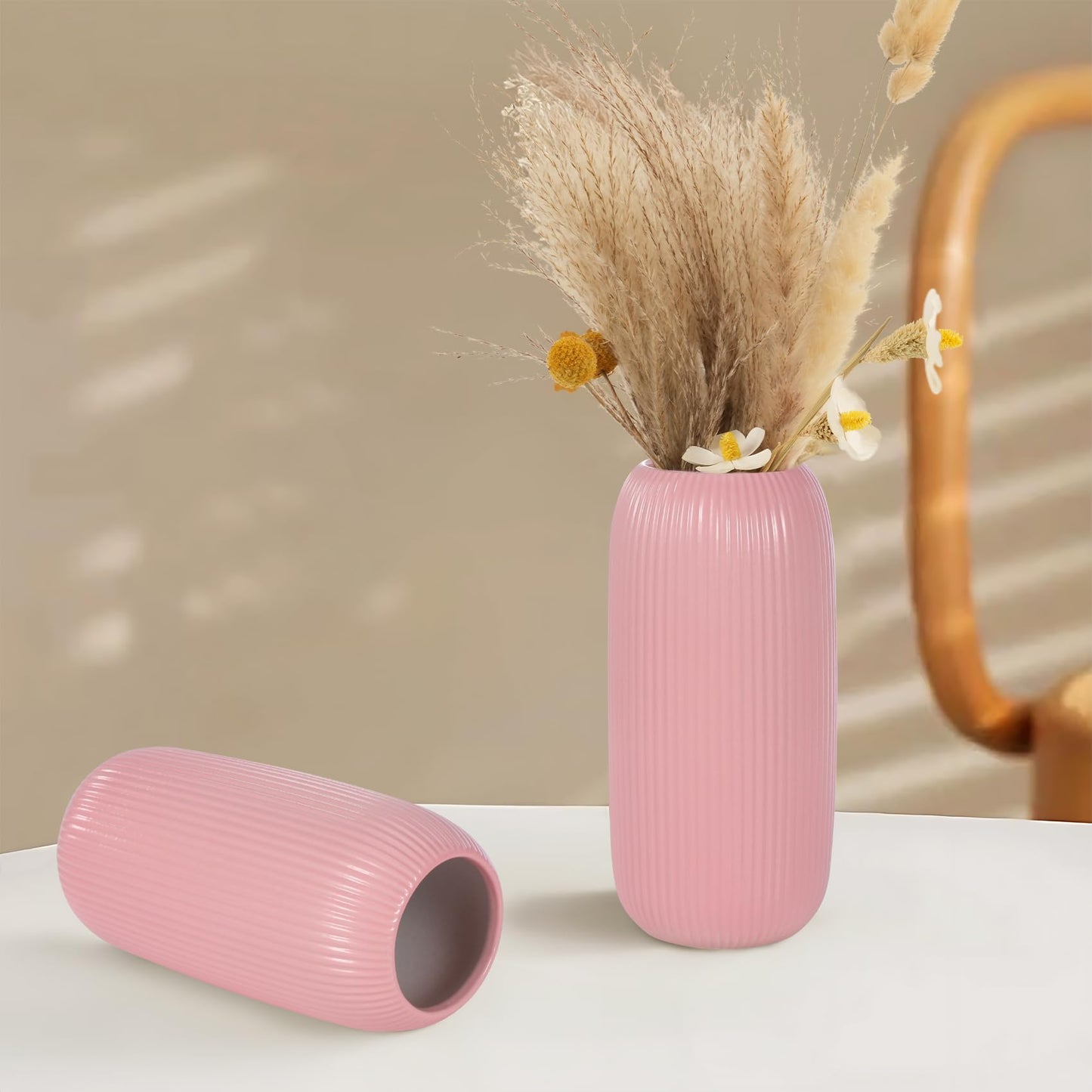 Ceramic Vase for Flowers – Modern Small Ribbed Textured Flower Vase for Home Decor, Pampas Grass, Decorative, Farmhouse, Coffee Table, Kitchen Centerpieces, Bookshelf and Home Living (White)