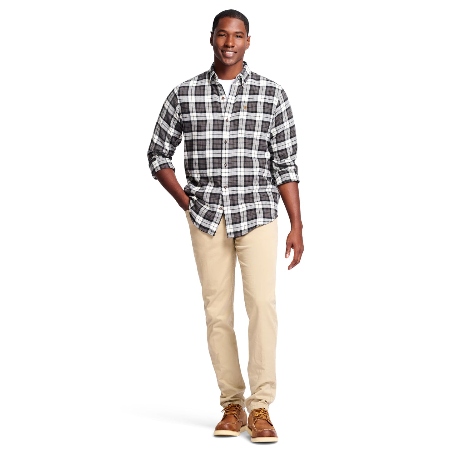 IZOD Men's Stratton Flannel Long Sleeve Button Down Shirt, Asphalt, S