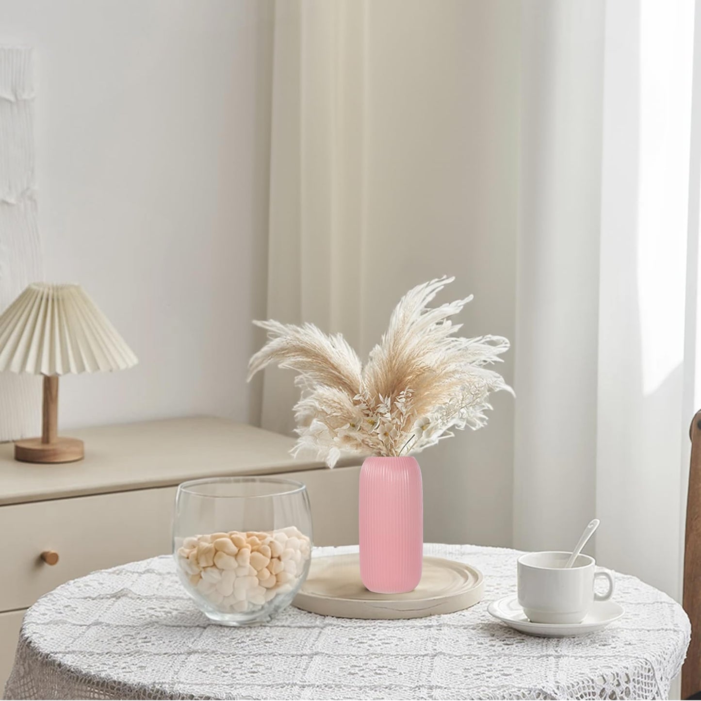 Ceramic Vase for Flowers – Modern Small Ribbed Textured Flower Vase for Home Decor, Pampas Grass, Decorative, Farmhouse, Coffee Table, Kitchen Centerpieces, Bookshelf and Home Living (White)