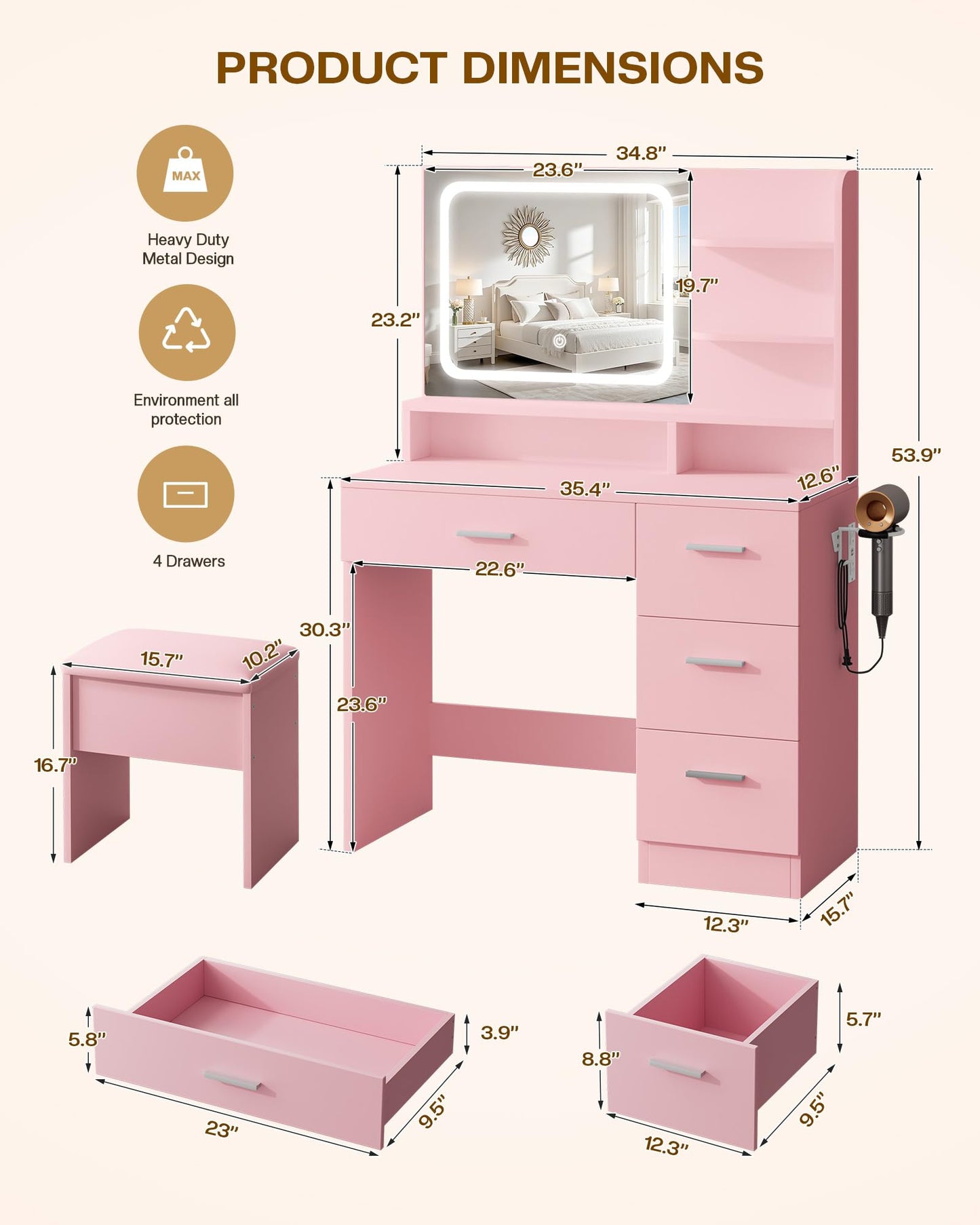 Pink vanity set with dimensions on a white background