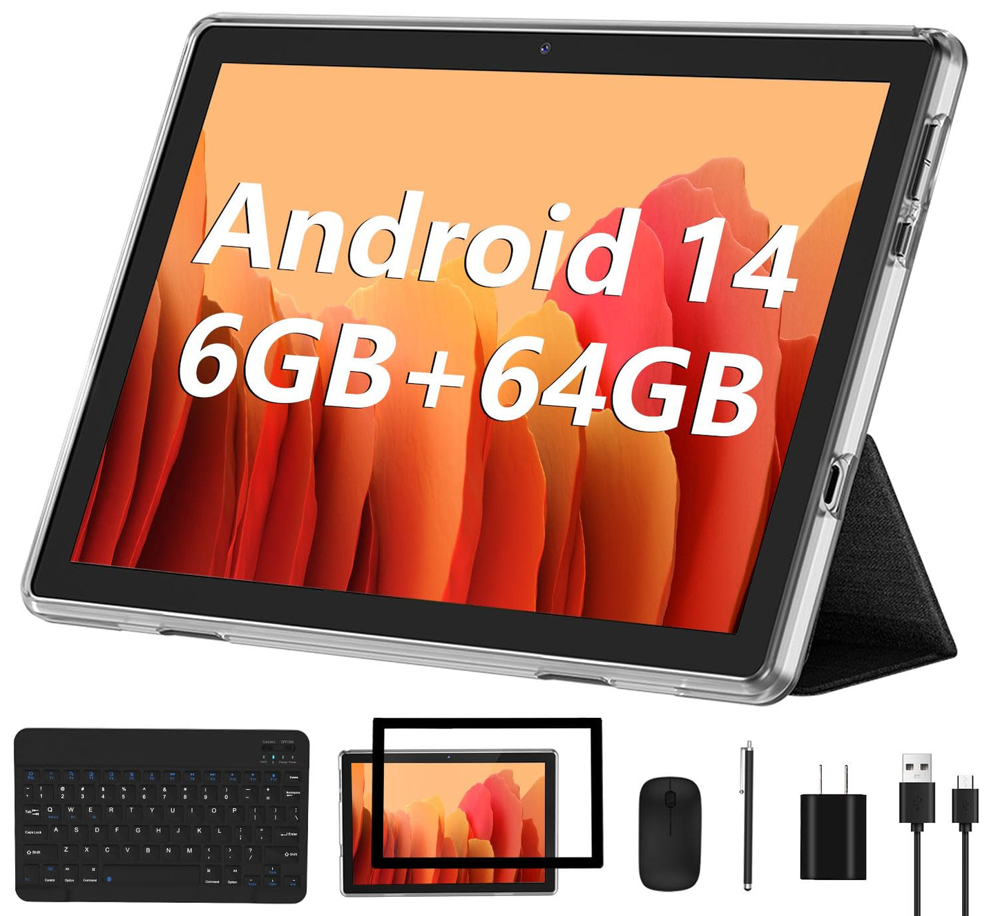 Android Tablet, 10.1 inch Android 14 Tablets 6GB RAM 64GB ROM 1TB Expand, 1280x800 IPS HD Touchscreen,6000mAh Battery, Bluetooth, Dual Camera, GMS, WiFi (Black)