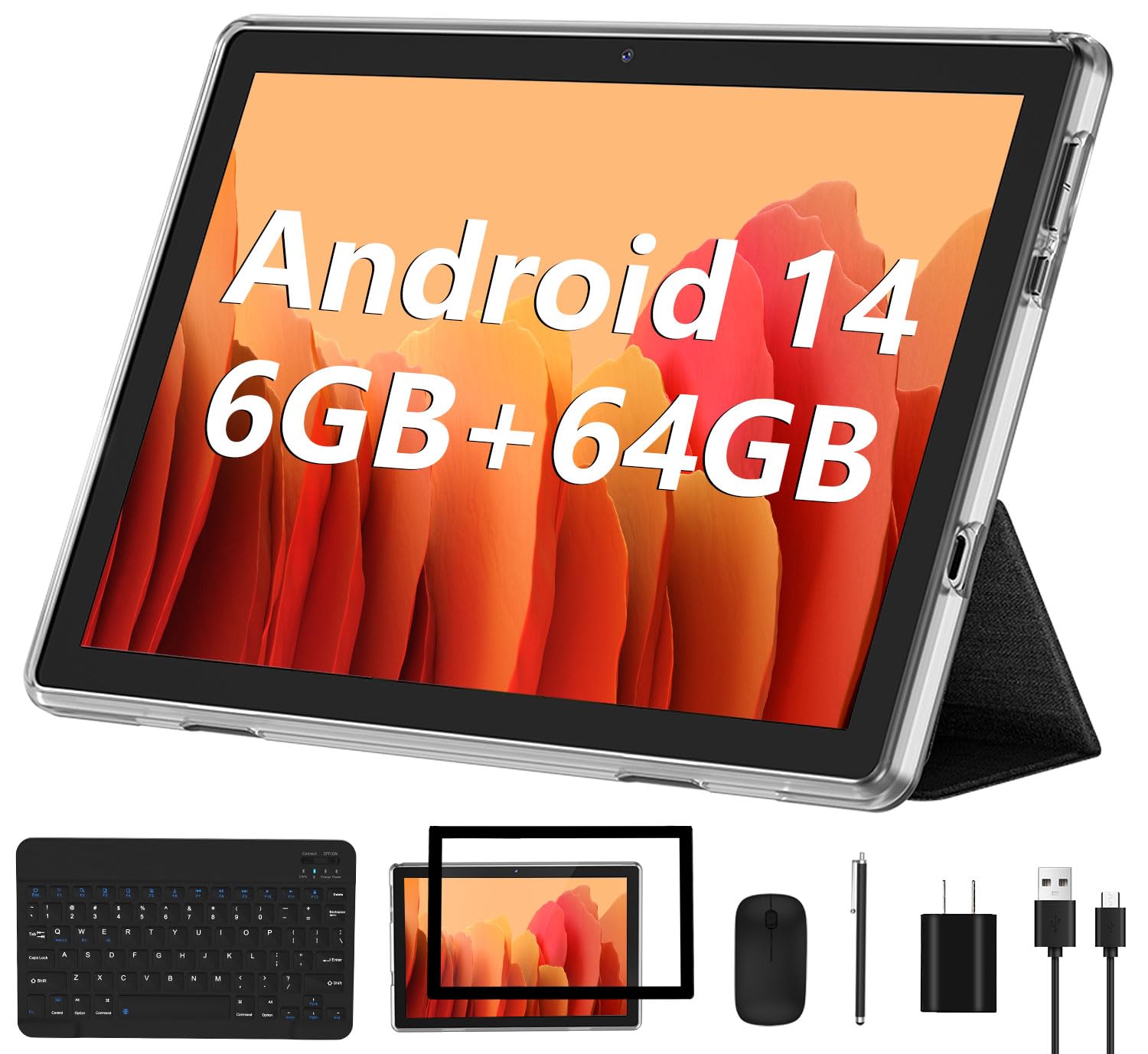 Android Tablet, 10.1 inch Android 14 Tablets 6GB RAM 64GB ROM 1TB Expand, 1280x800 IPS HD Touchscreen,6000mAh Battery, Bluetooth, Dual Camera, GMS, WiFi (Black)