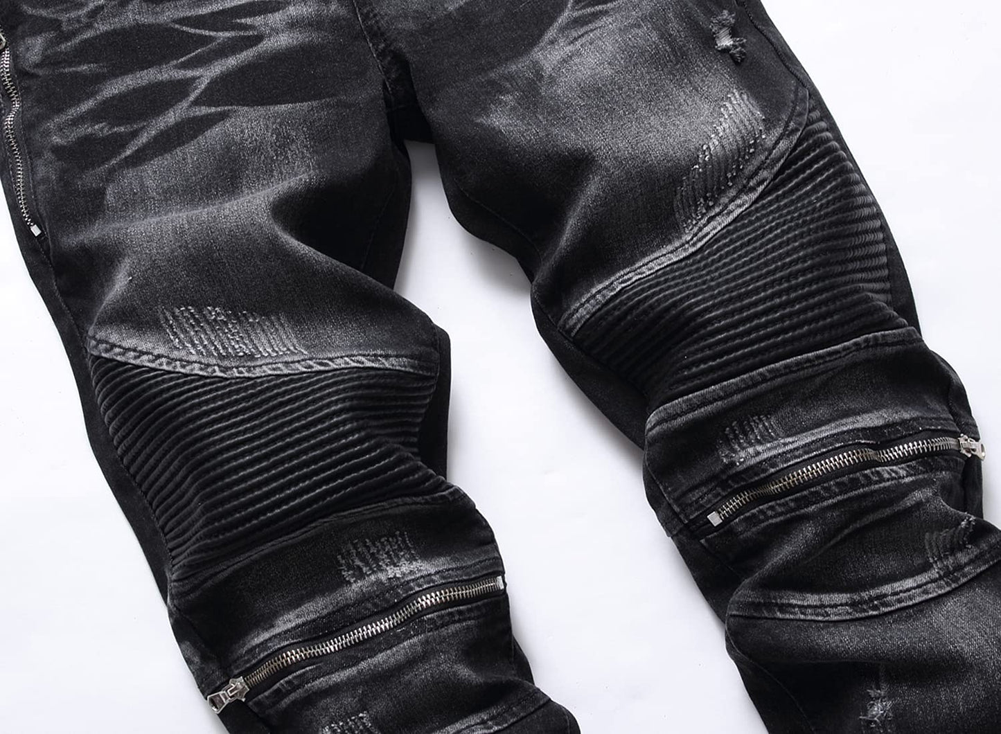 AITITIA Men's Biker Zipper Deco Washed Straight Fit Jeans (40, 002 Light Blue)